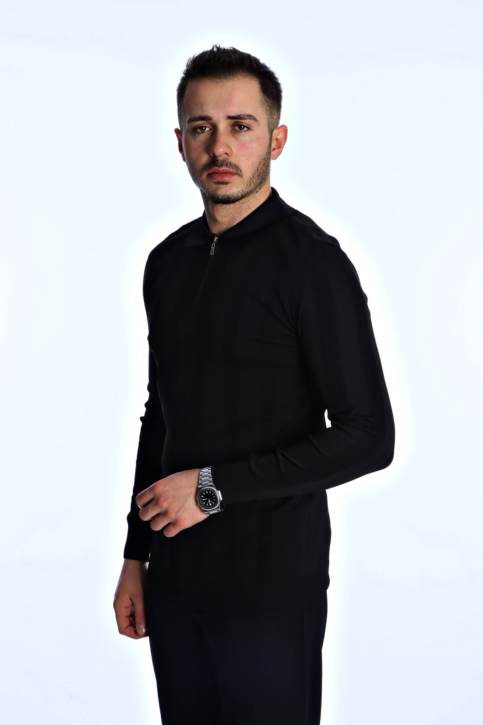 Eg38 Minimal Çizgi Fermuarlı Triko Kazak Siyah