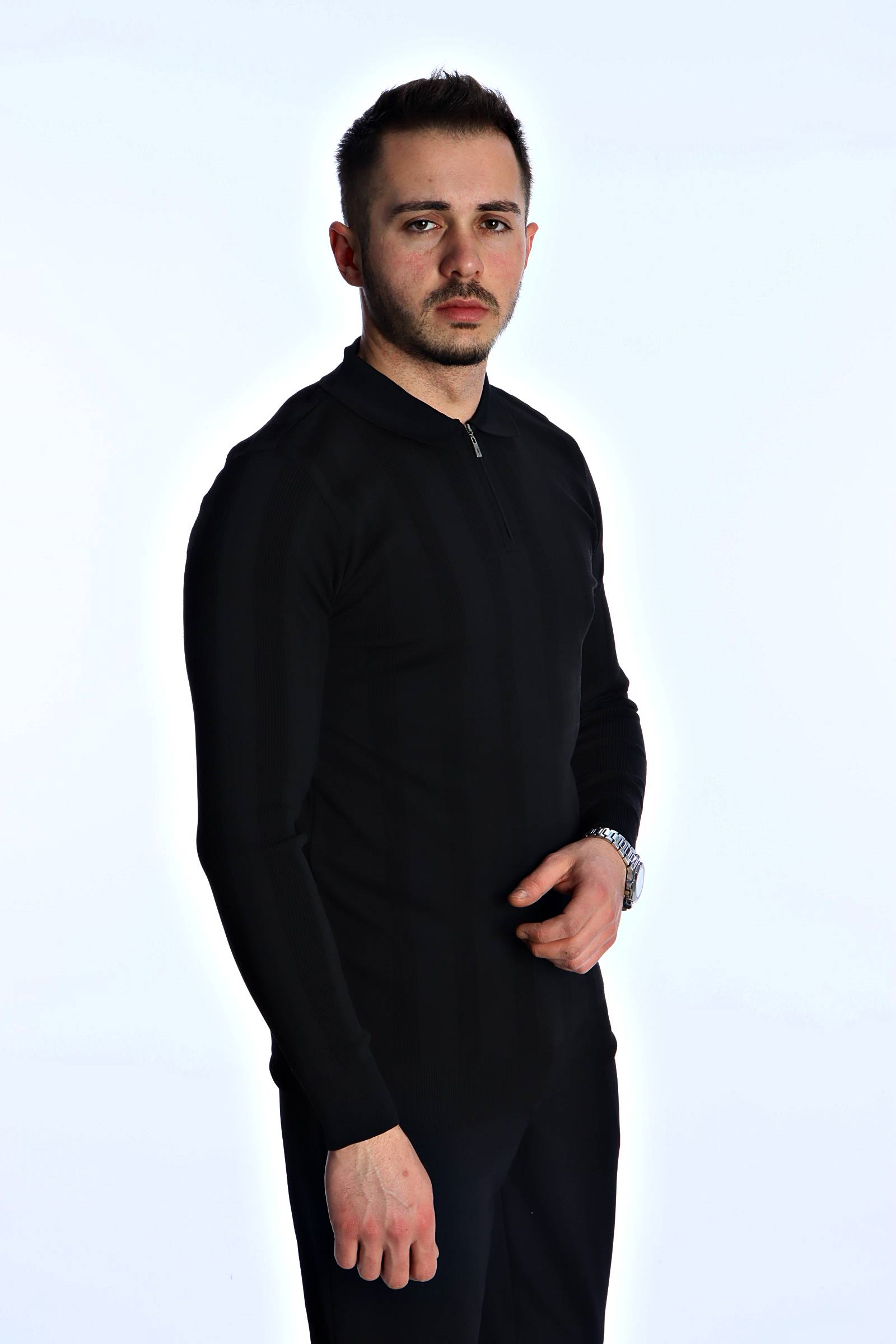 Eg38 Minimal Çizgi Fermuarlı Triko Kazak Siyah