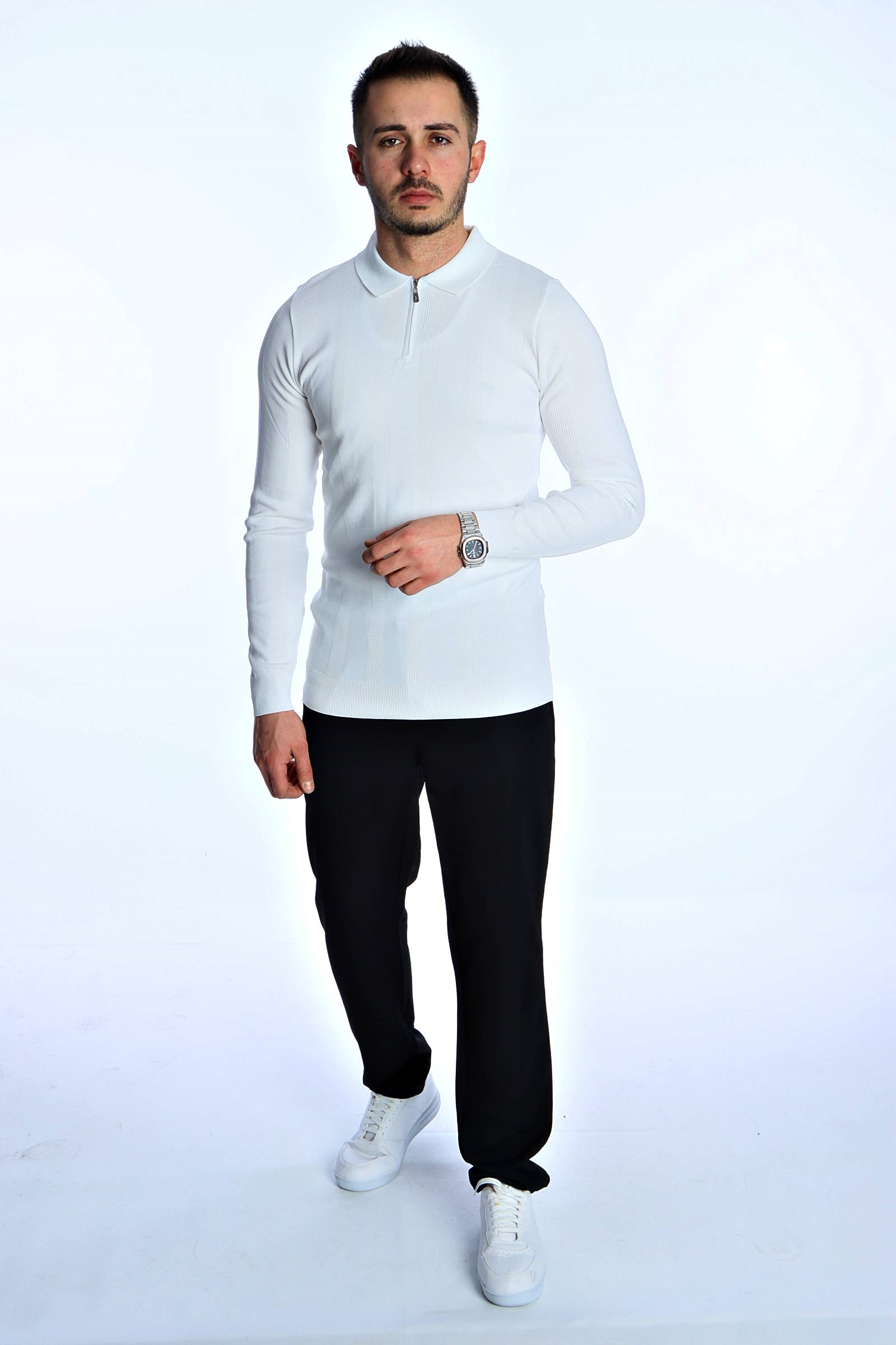 Eg38 Minimal Çizgi Fermuarlı Triko Kazak Beyaz