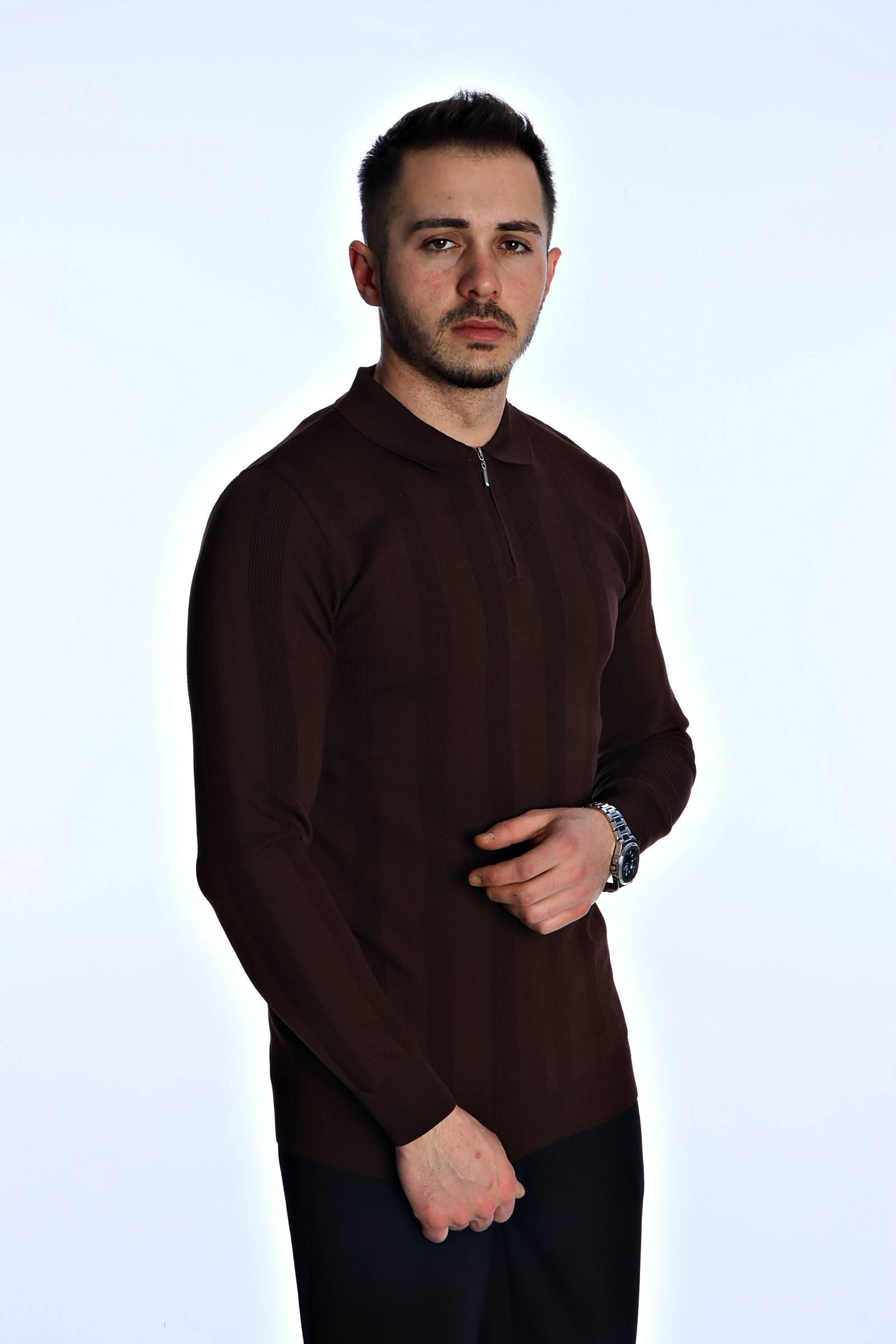 Eg38 Minimal Çizgi Fermuarlı Triko Kazak Kahve