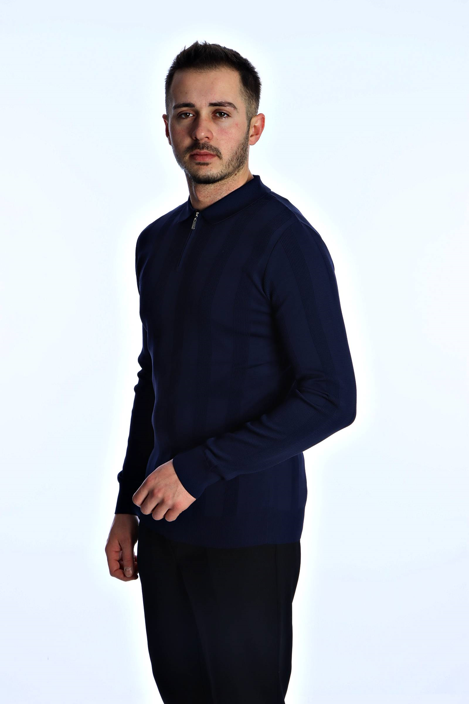 Eg38 Minimal Çizgi Fermuarlı Triko Kazak Lacivert