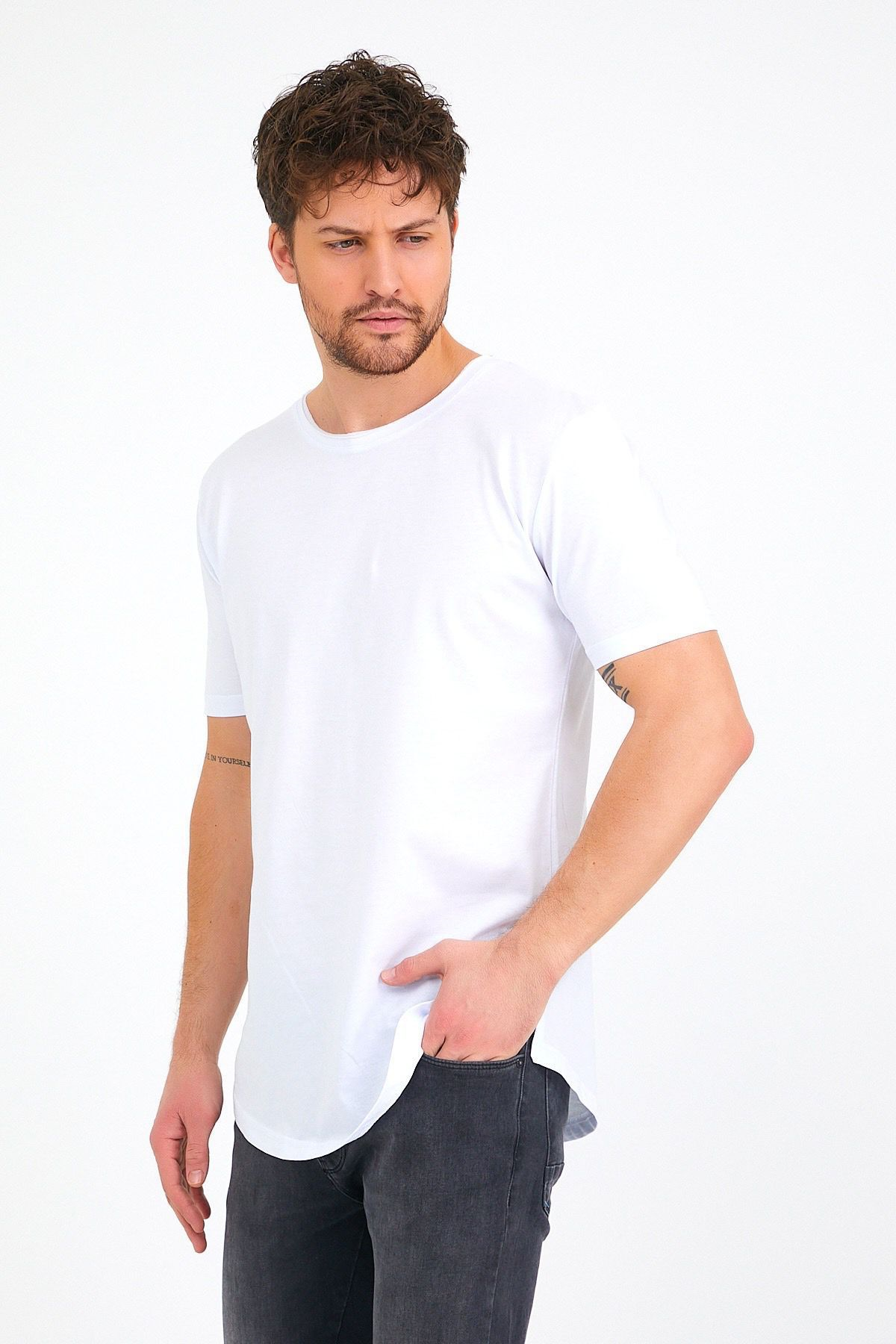 Eg38 Pis Yaka Eteği Oval Tişört Beyaz