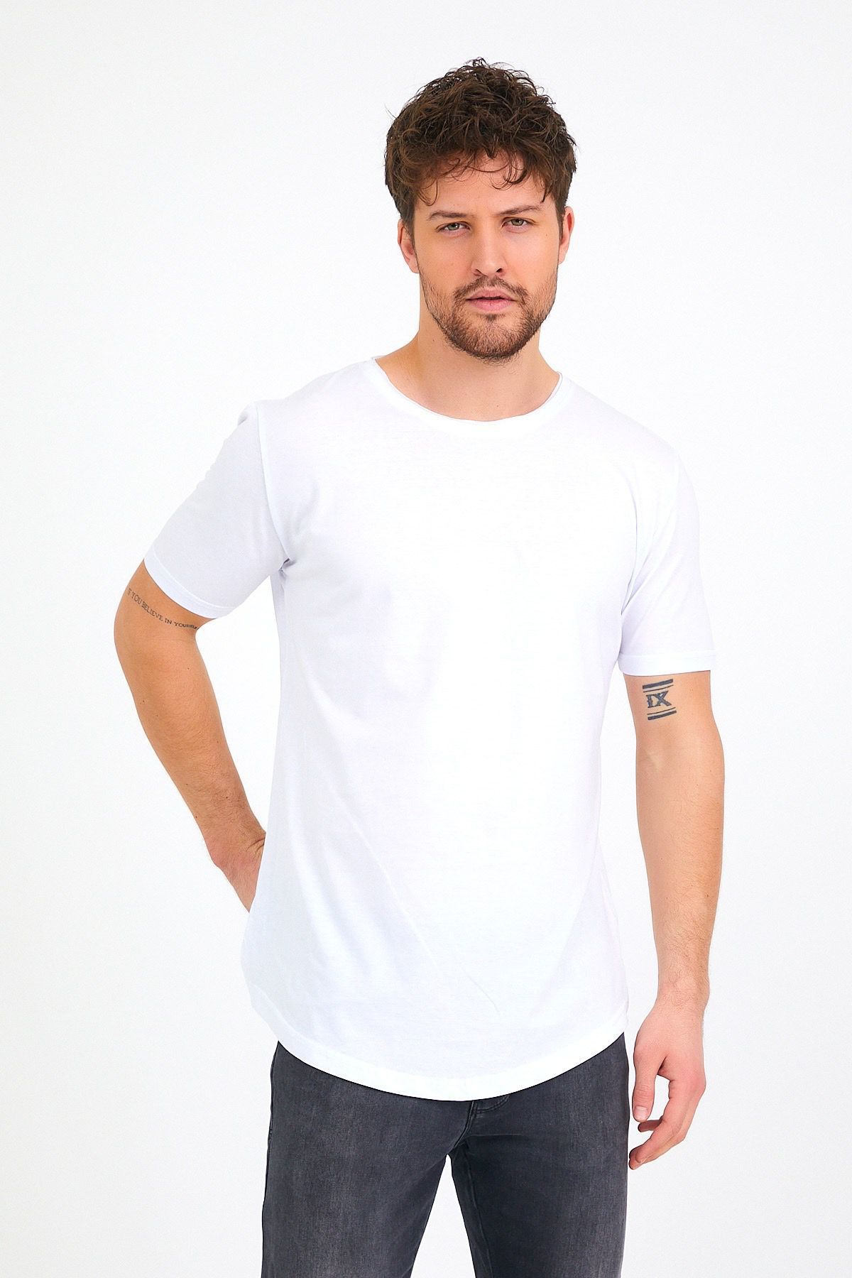 Eg38 Pis Yaka Eteği Oval Tişört Beyaz