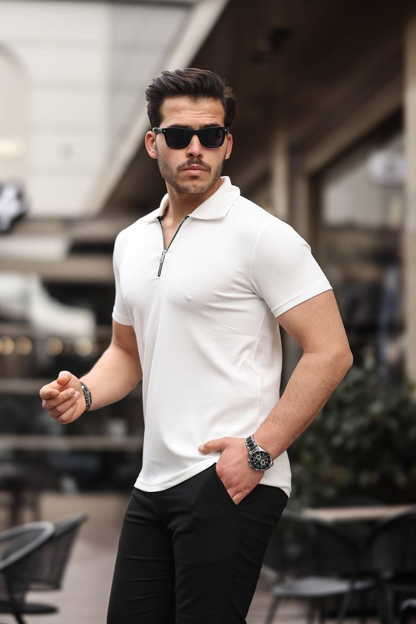 Eg38 Yarım Fermuar Polo Yaka Tşört Beyaz