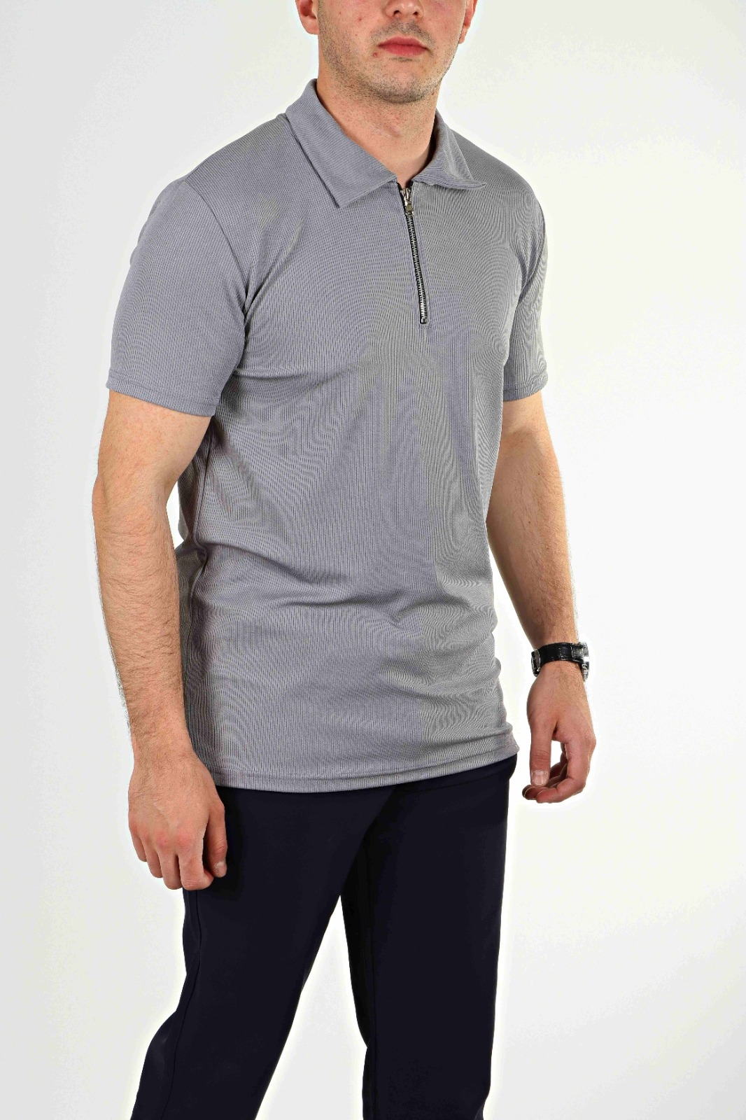 Eg38 Yarım Fermuar Polo Yaka Tşört Gri