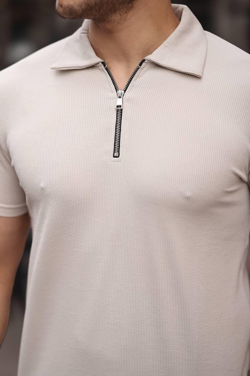 Eg38 Yarım Fermuar Polo Yaka Tşört Krem