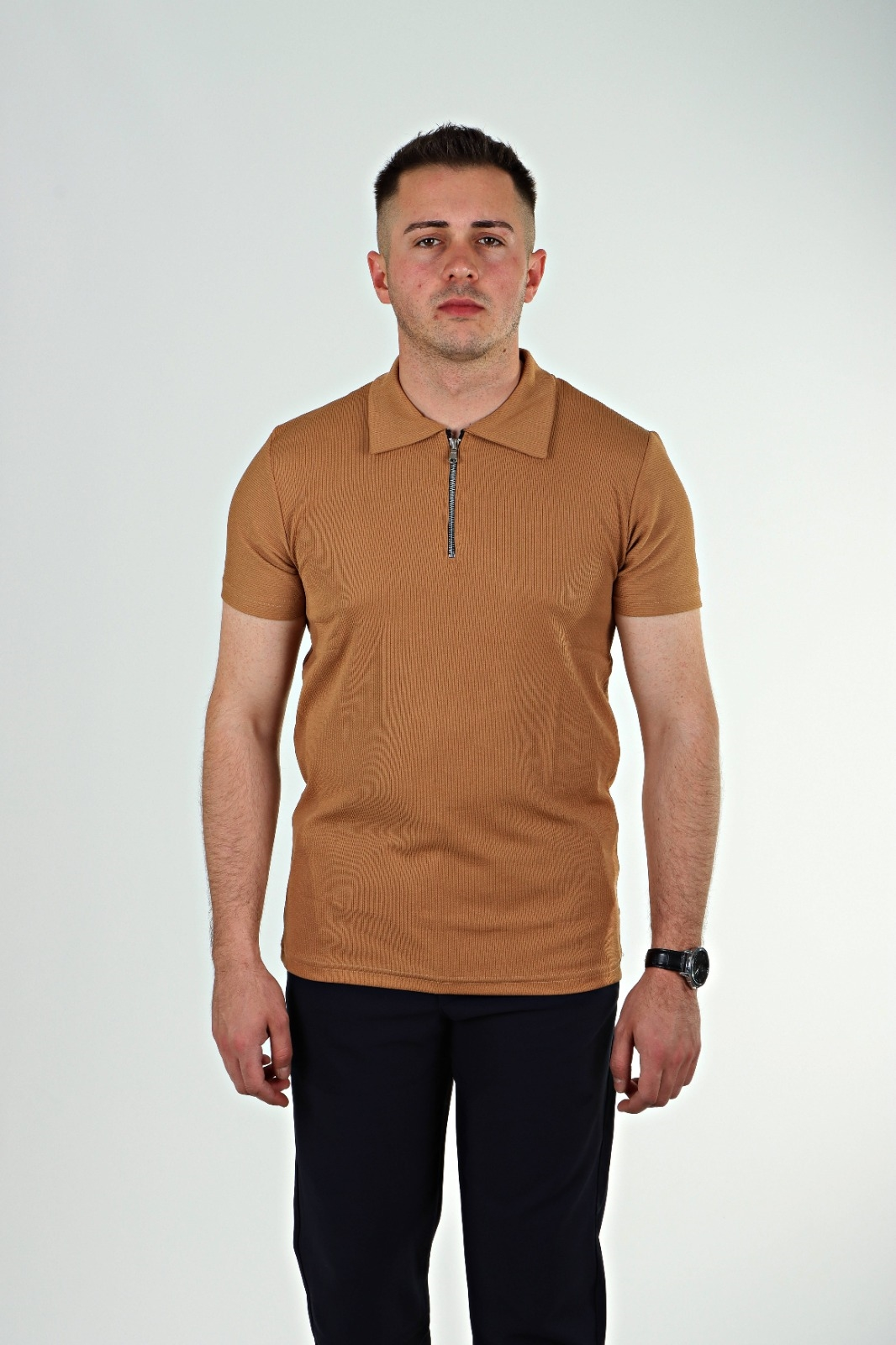 Eg38 Yarım Fermuar Polo Yaka Tşört Taba