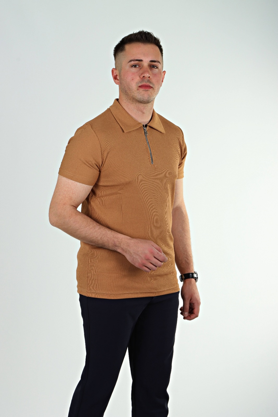 Eg38 Yarım Fermuar Polo Yaka Tşört Taba