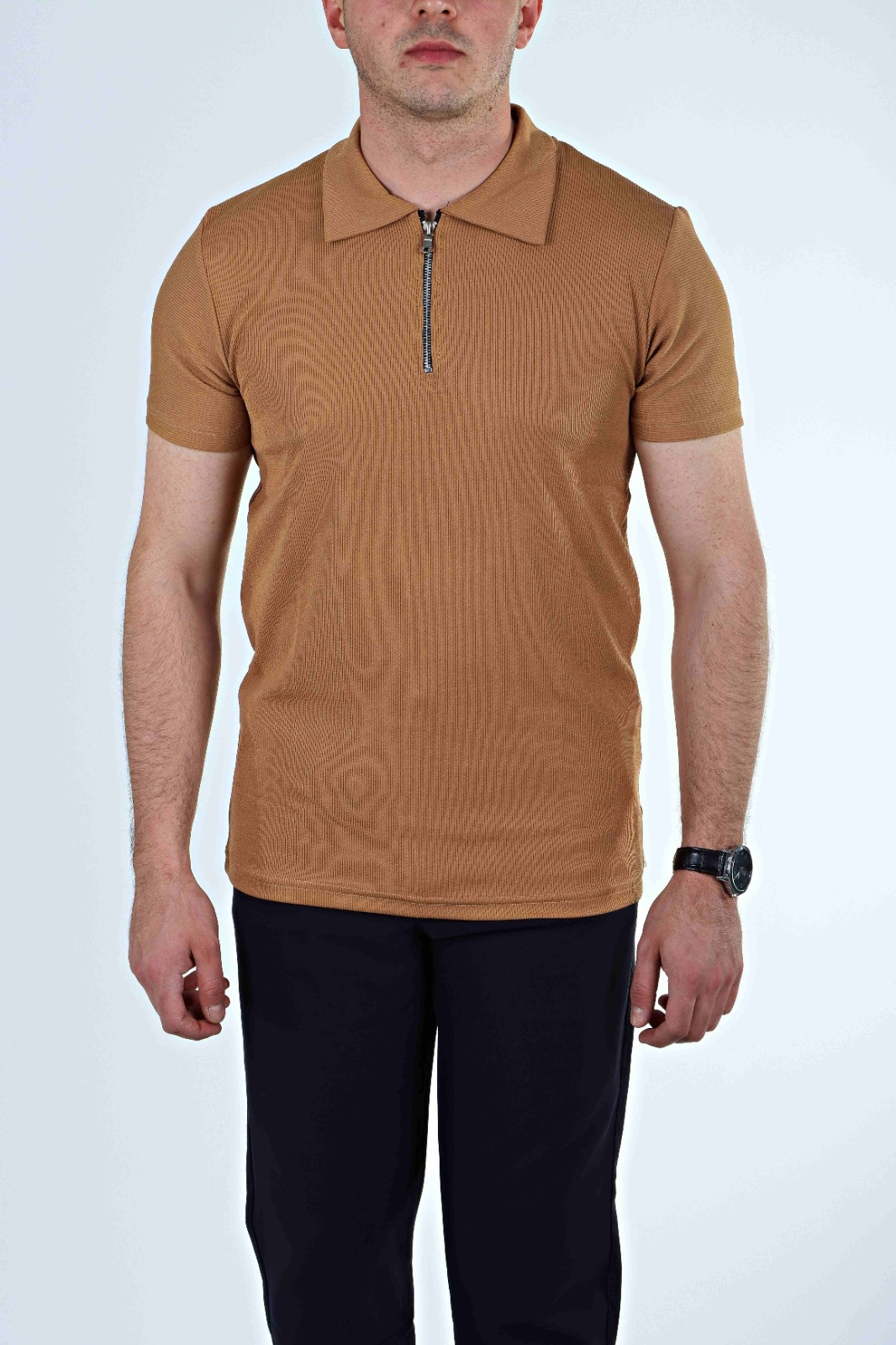 Eg38 Yarım Fermuar Polo Yaka Tşört Taba