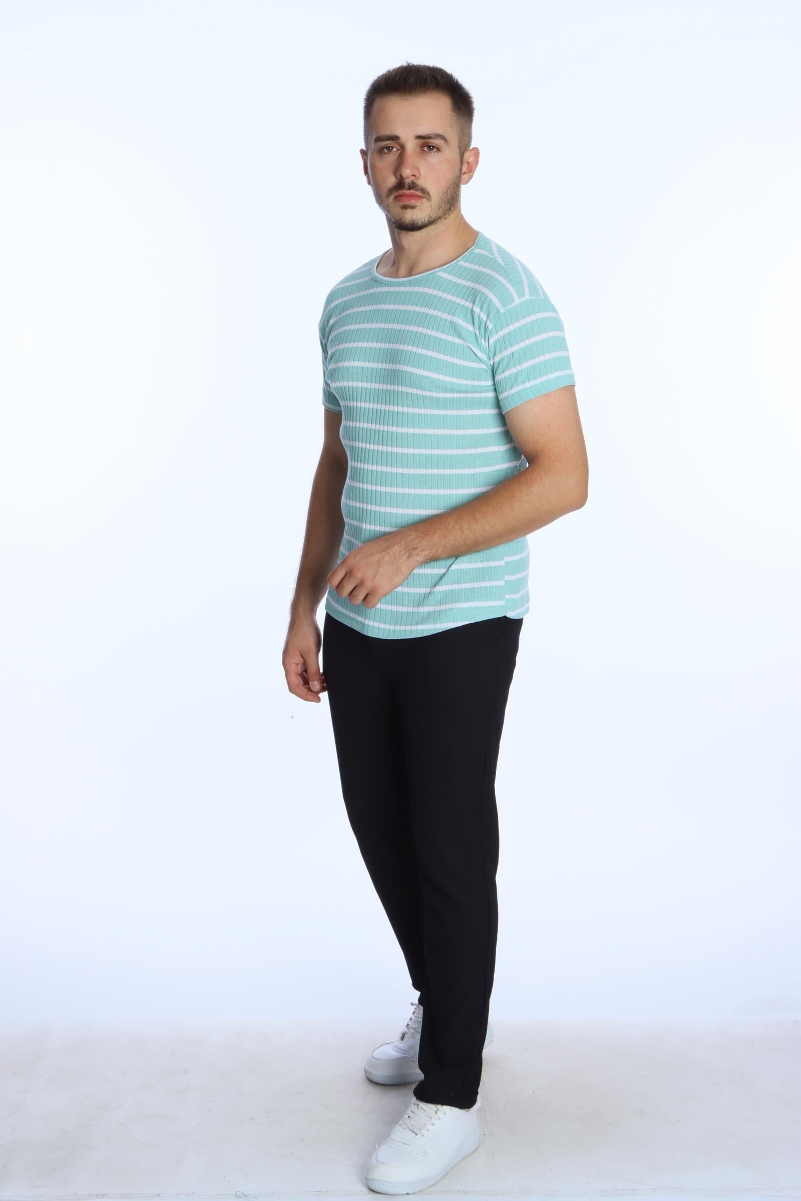 Eko Çizgili Fitilli Tişört Su Yeşili