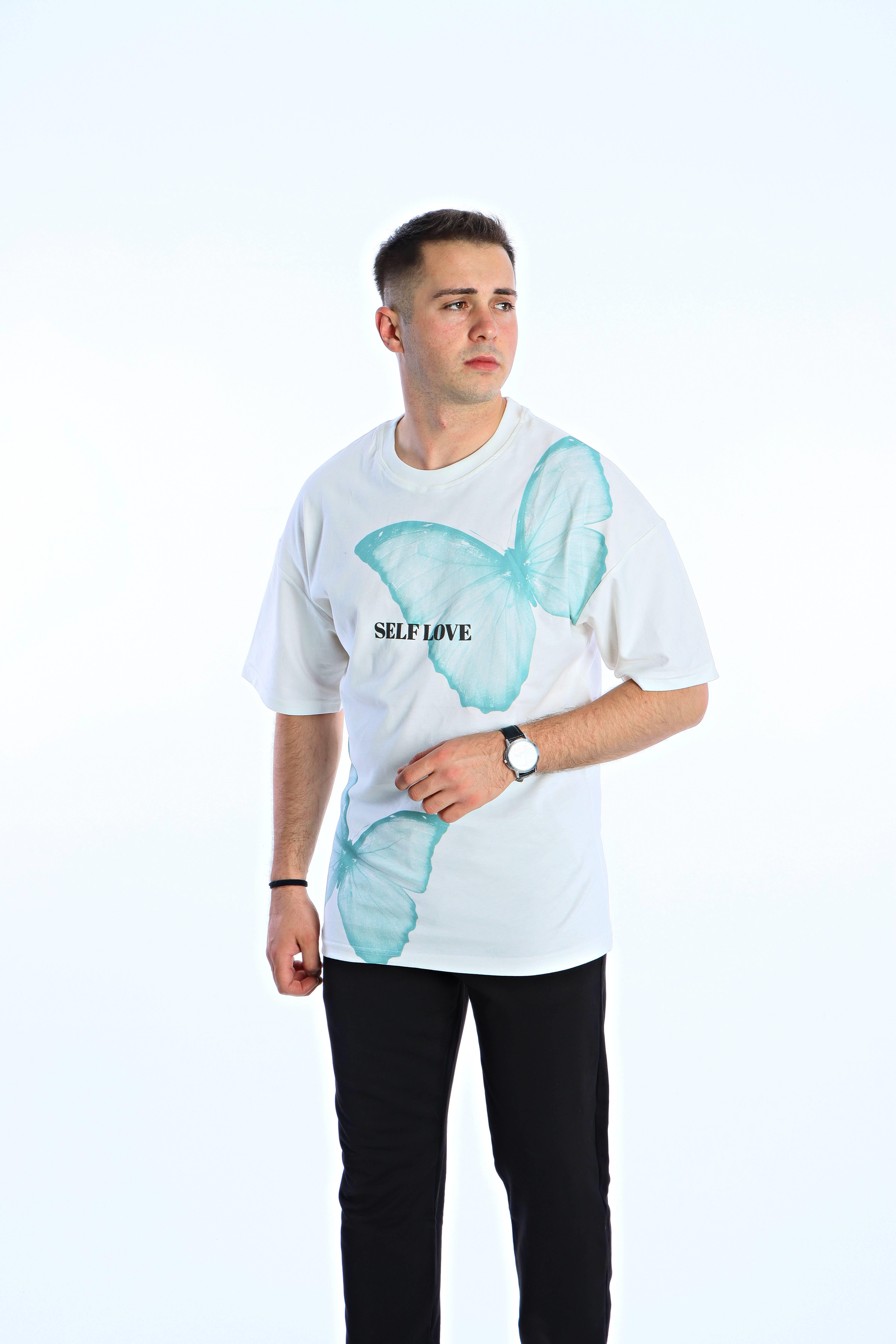 Gng Kelebek Baskılı Oversize Tişört Beyaz