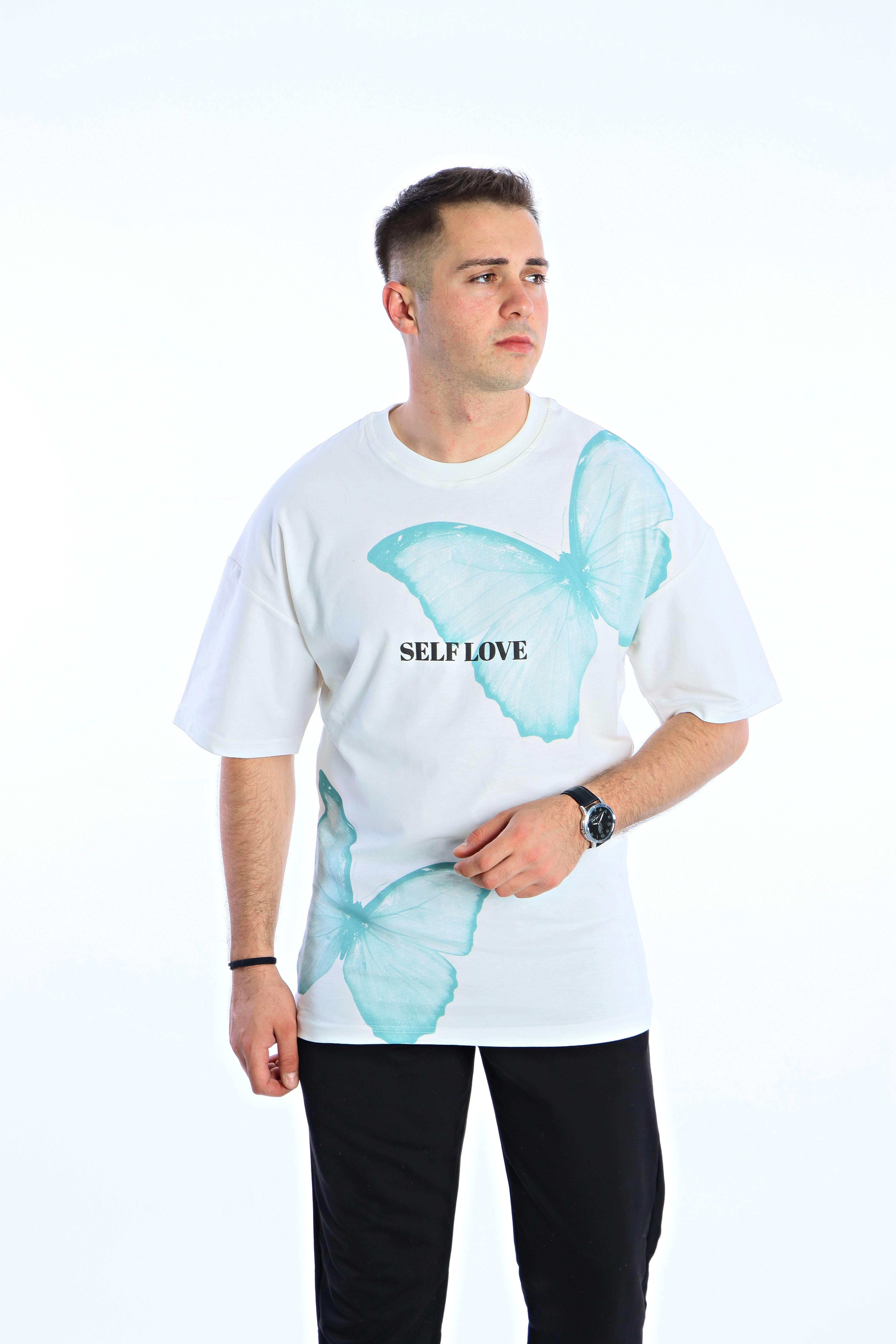Gng Kelebek Baskılı Oversize Tişört Beyaz