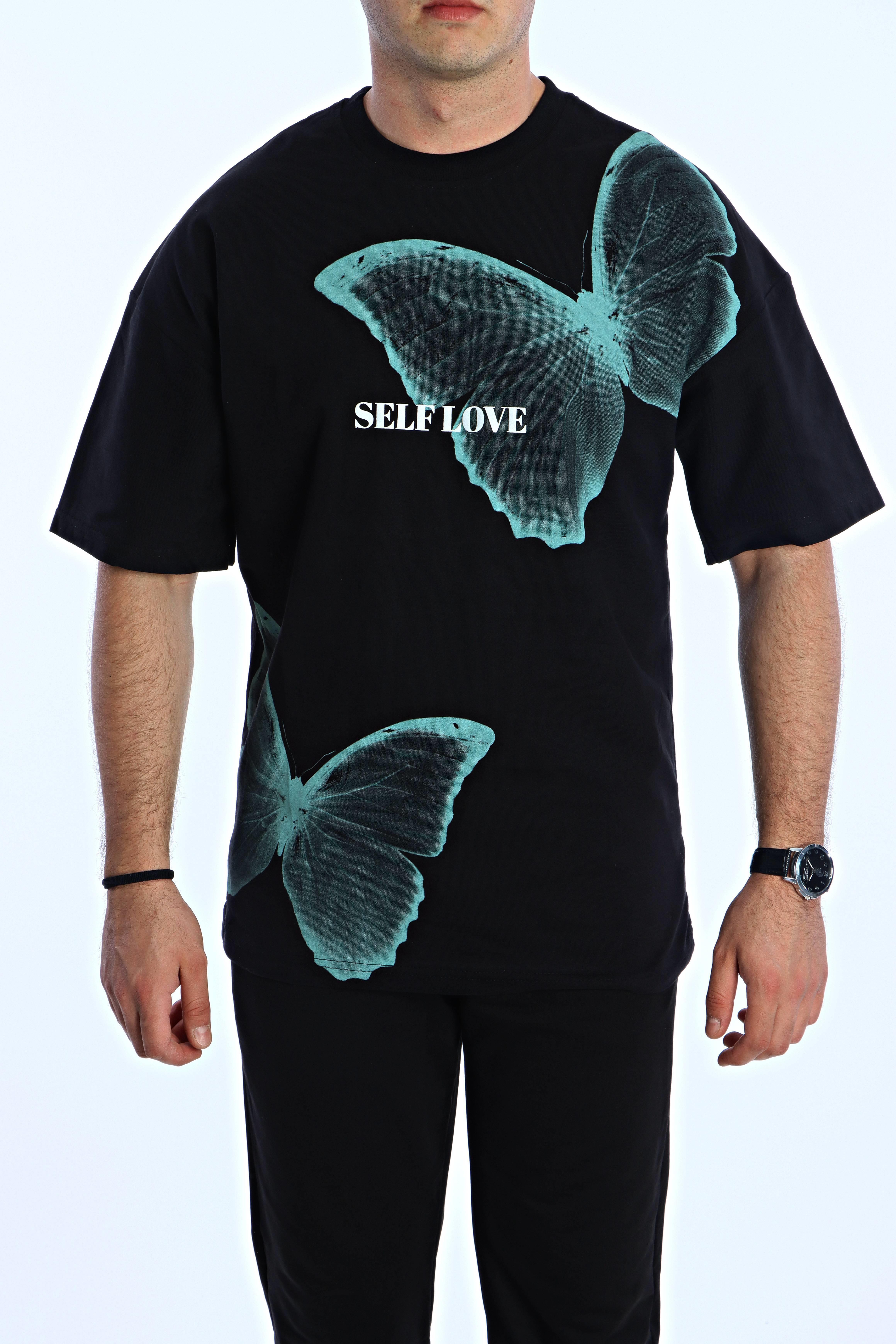 Gng Kelebek Baskılı Oversize Tişört Siyah