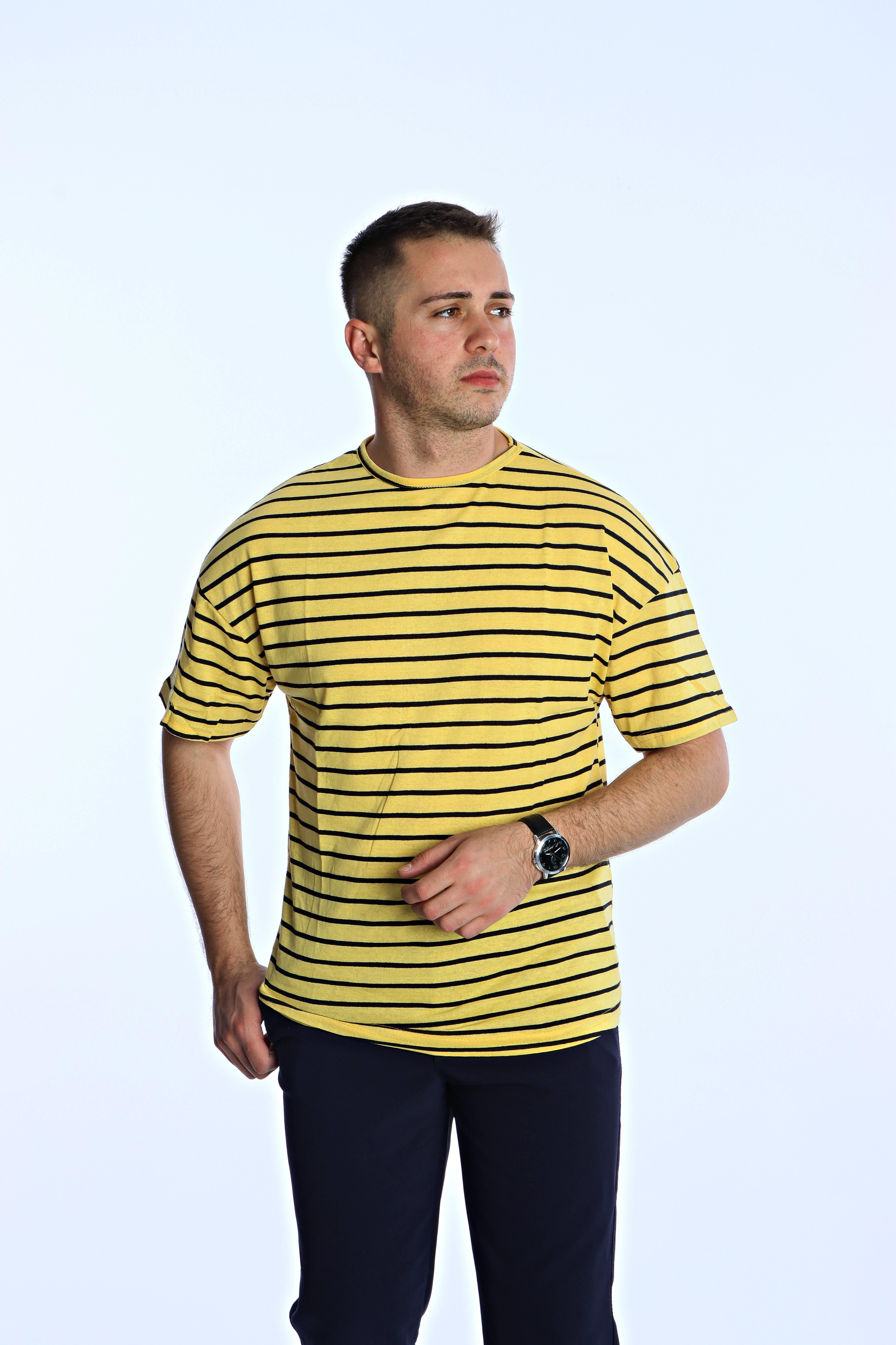 Kmp Çizgili Oversize Tişört Sarı