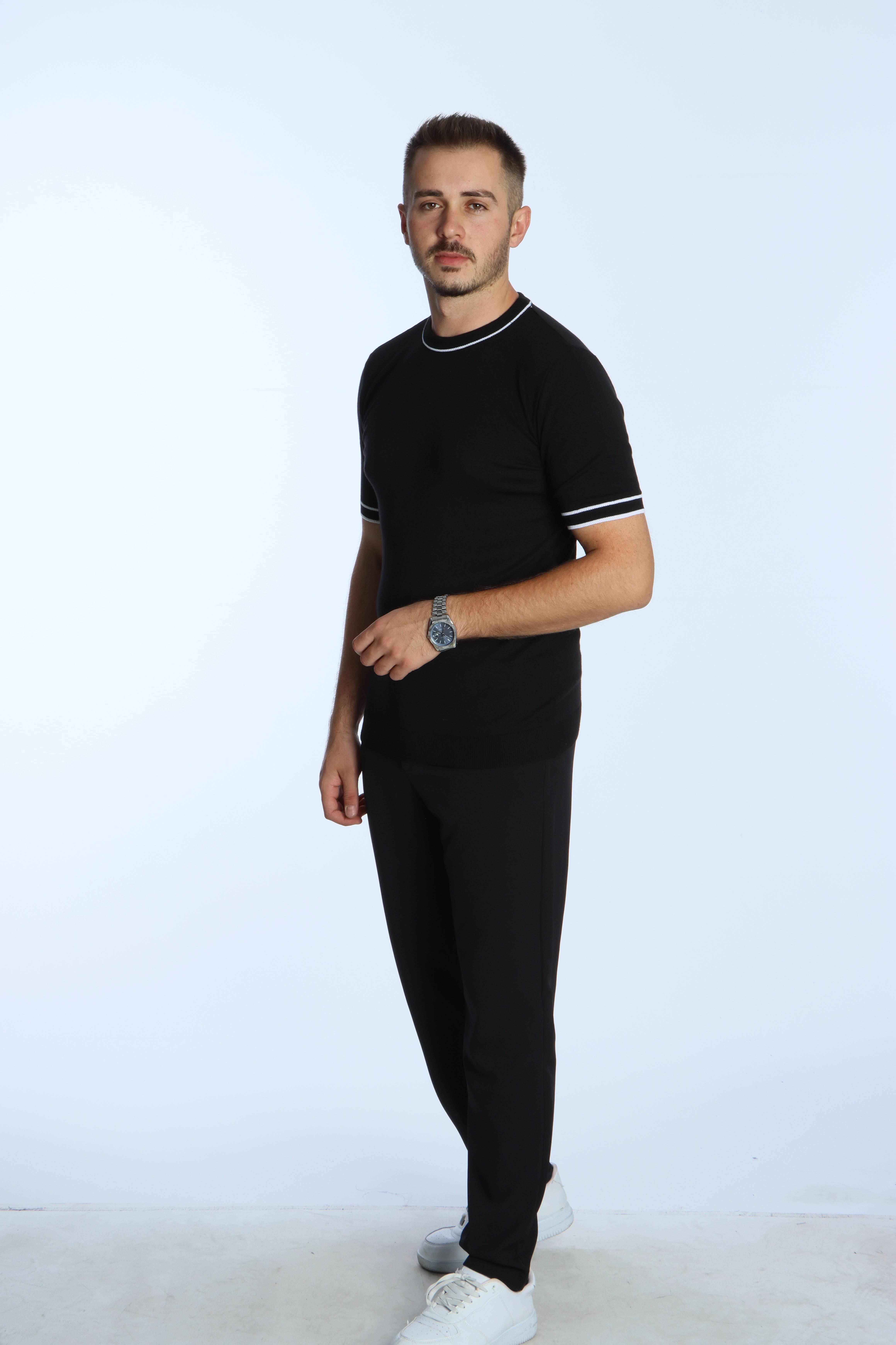Marco Bisiklet Yaka Çizgili Triko Tshirt Siyah