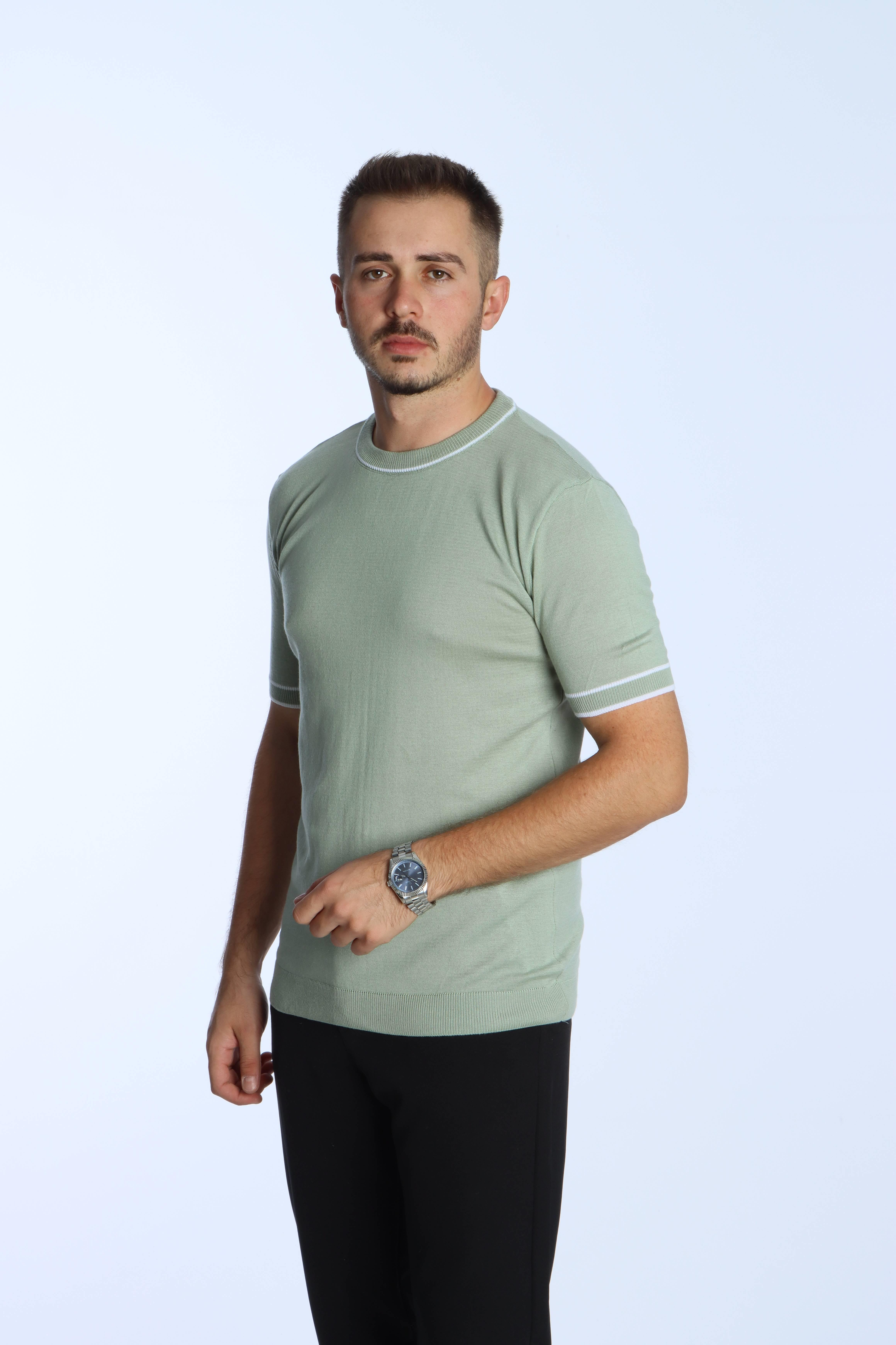 Marco Bisiklet Yaka Çizgili Triko Tshirt Mint Yeşili