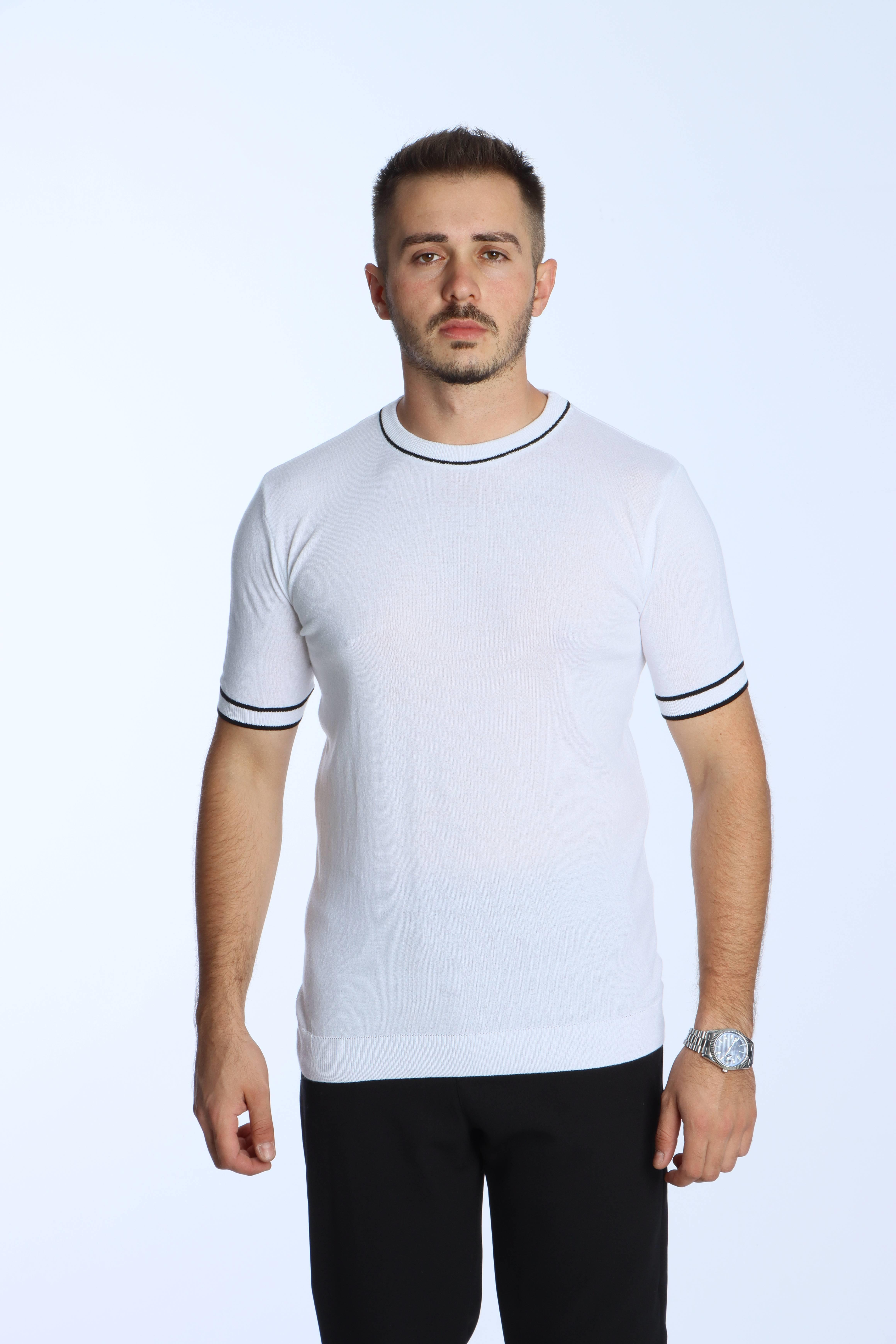 Marco Bisiklet Yaka Çizgili Triko Tshirt Beyaz