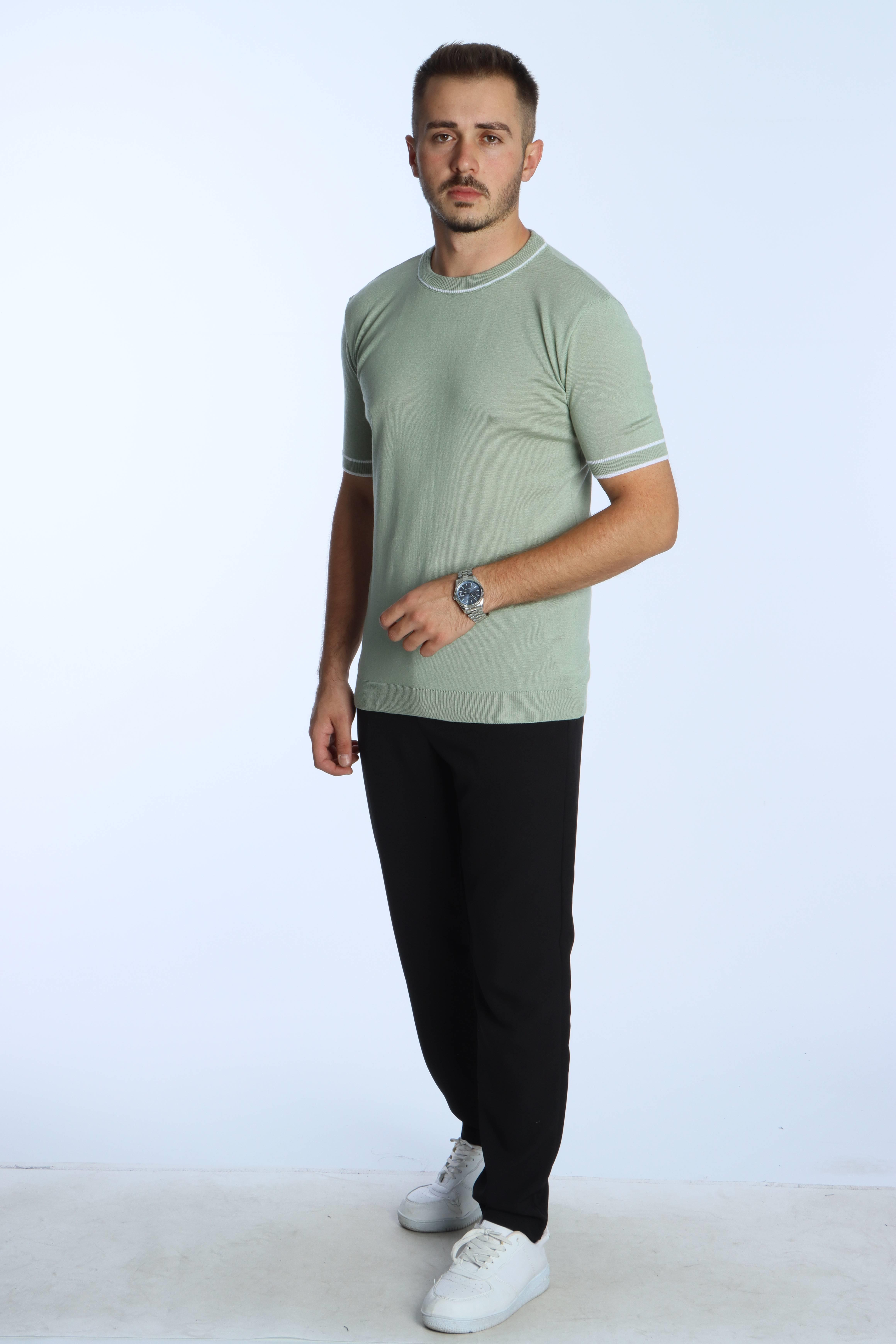 Marco Bisiklet Yaka Çizgili Triko Tshirt Mint Yeşili