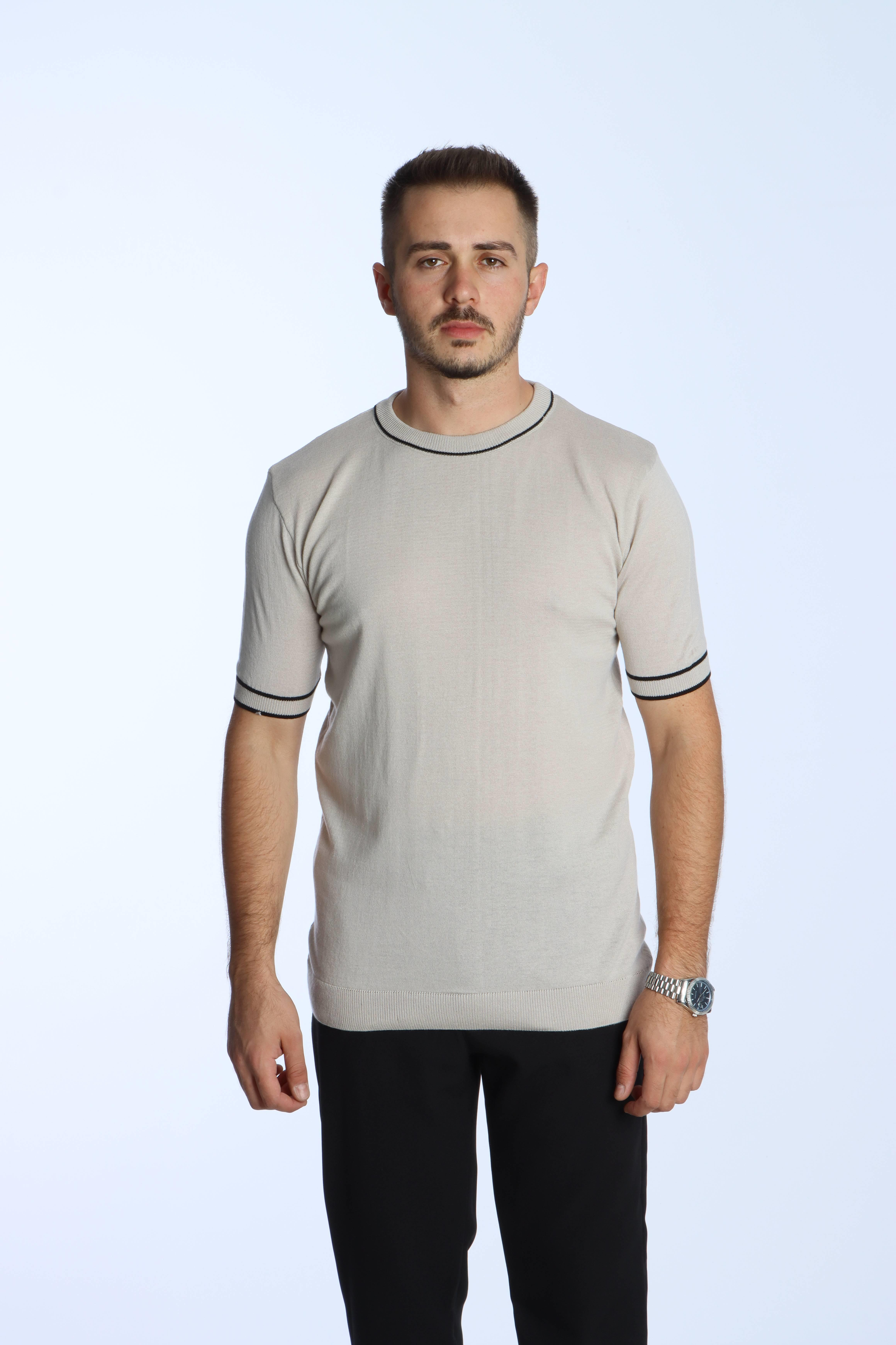 Marco Bisiklet Yaka Çizgili Triko Tshirt Krem