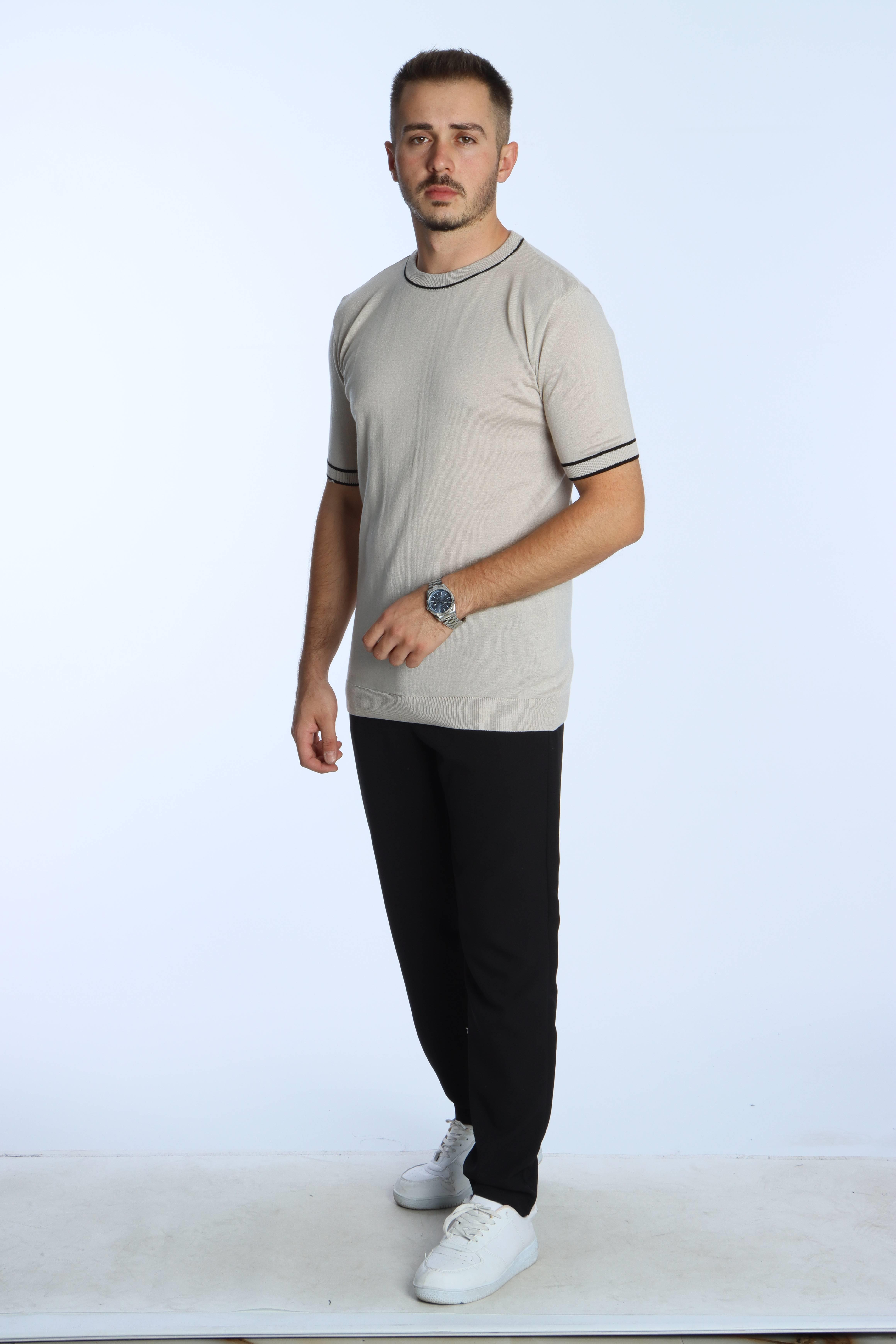 Marco Bisiklet Yaka Çizgili Triko Tshirt Krem