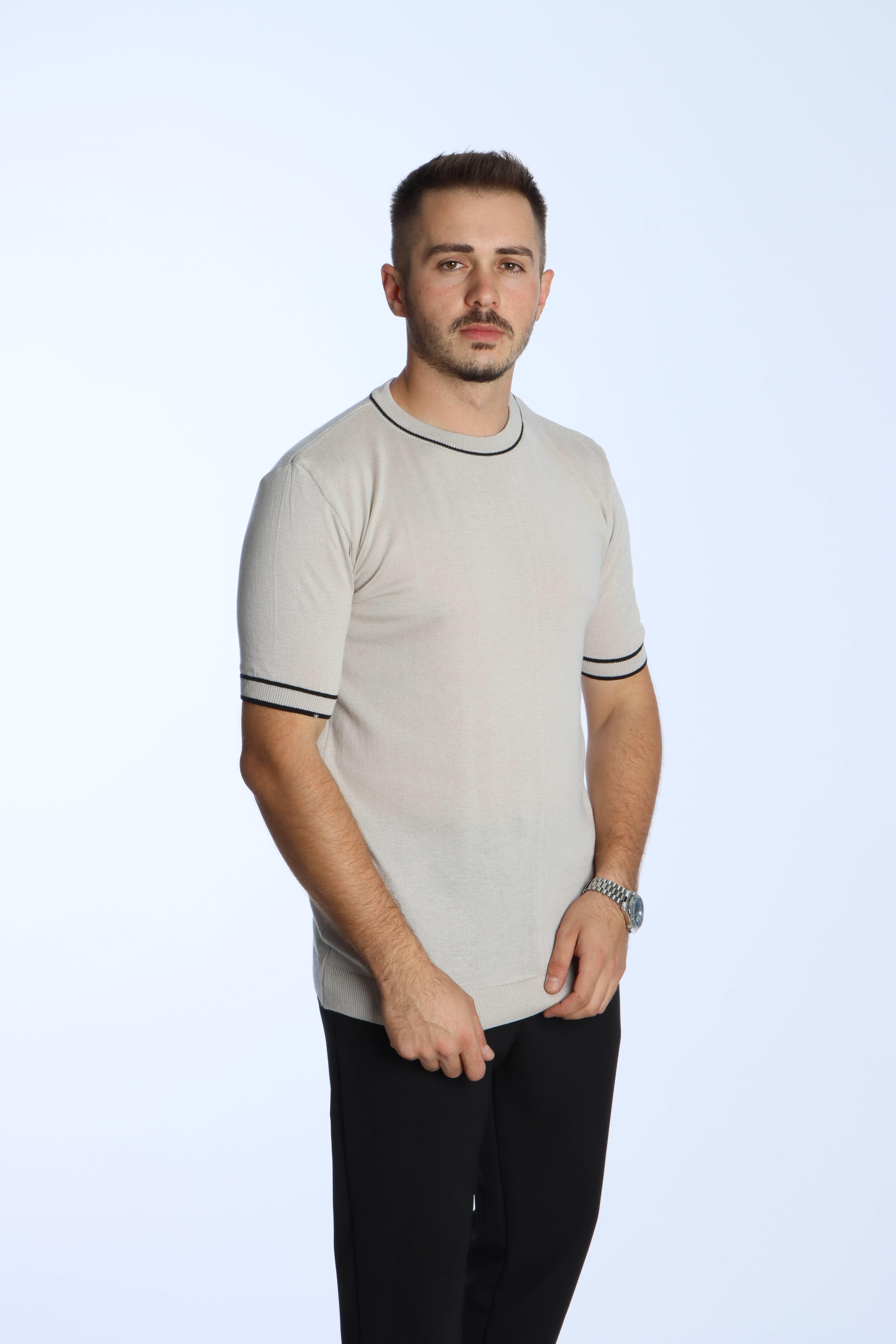 Marco Bisiklet Yaka Çizgili Triko Tshirt Krem