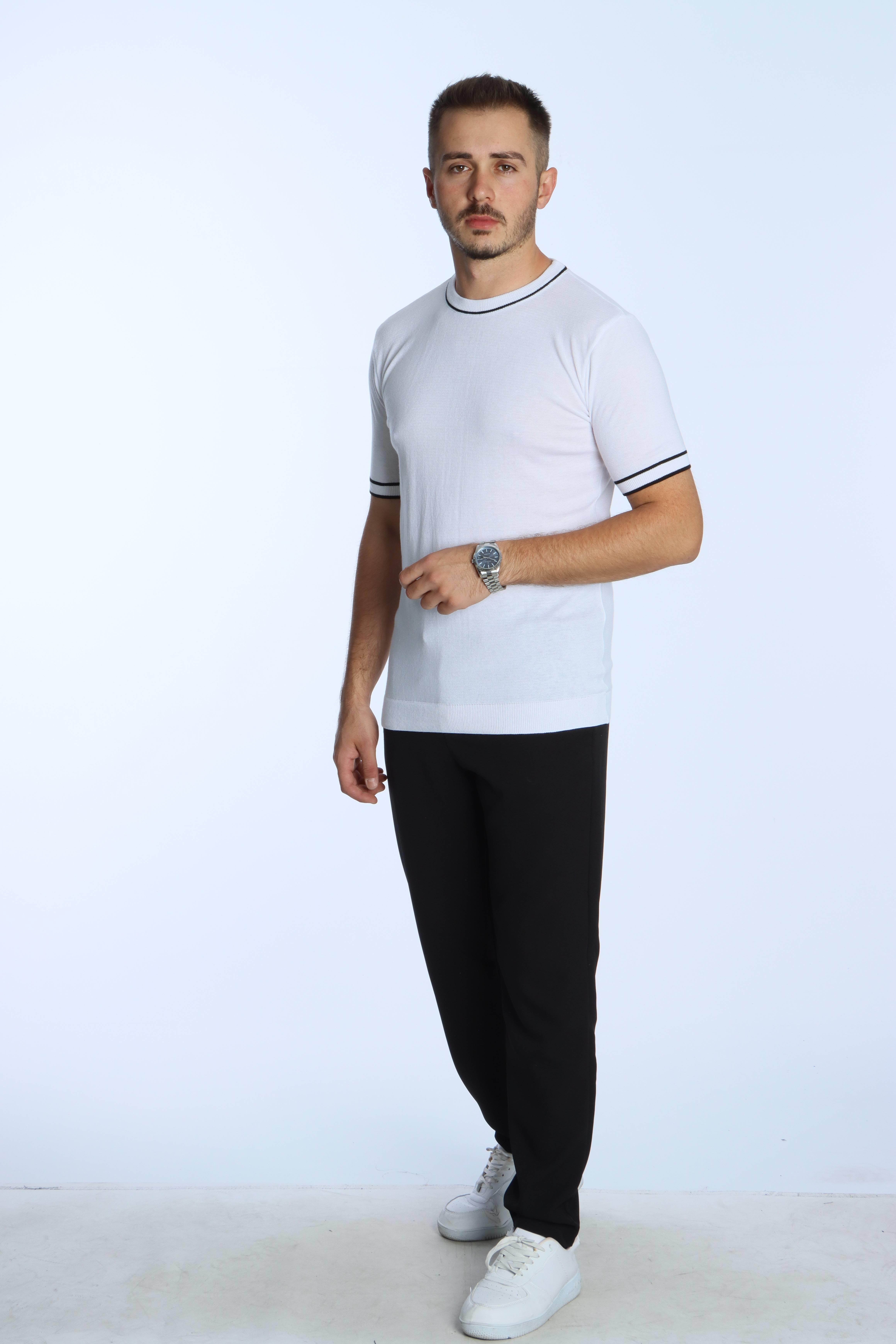 Marco Bisiklet Yaka Çizgili Triko Tshirt Beyaz