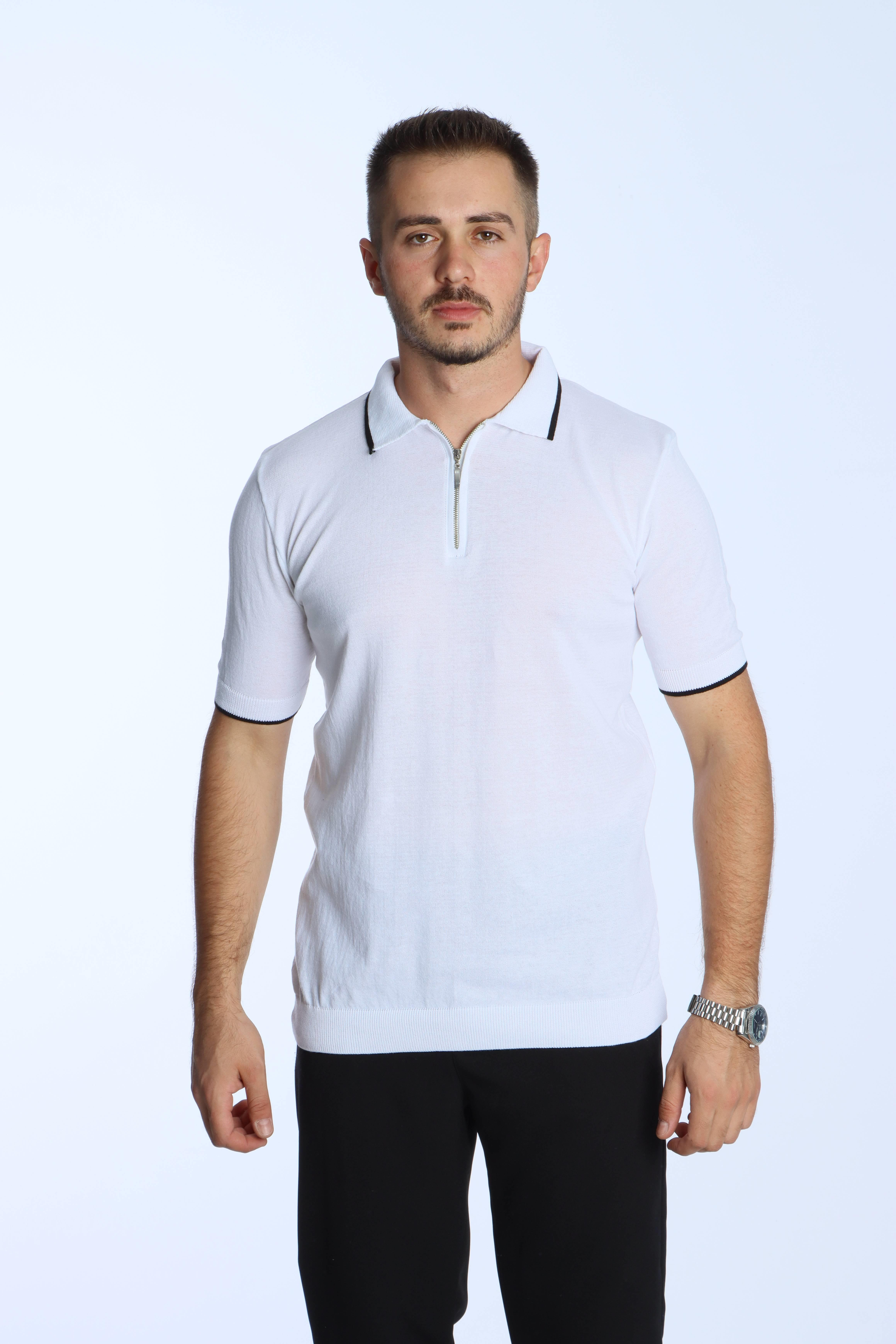 Marco Yakalı Fermuarlı Triko Tshirt Beyaz