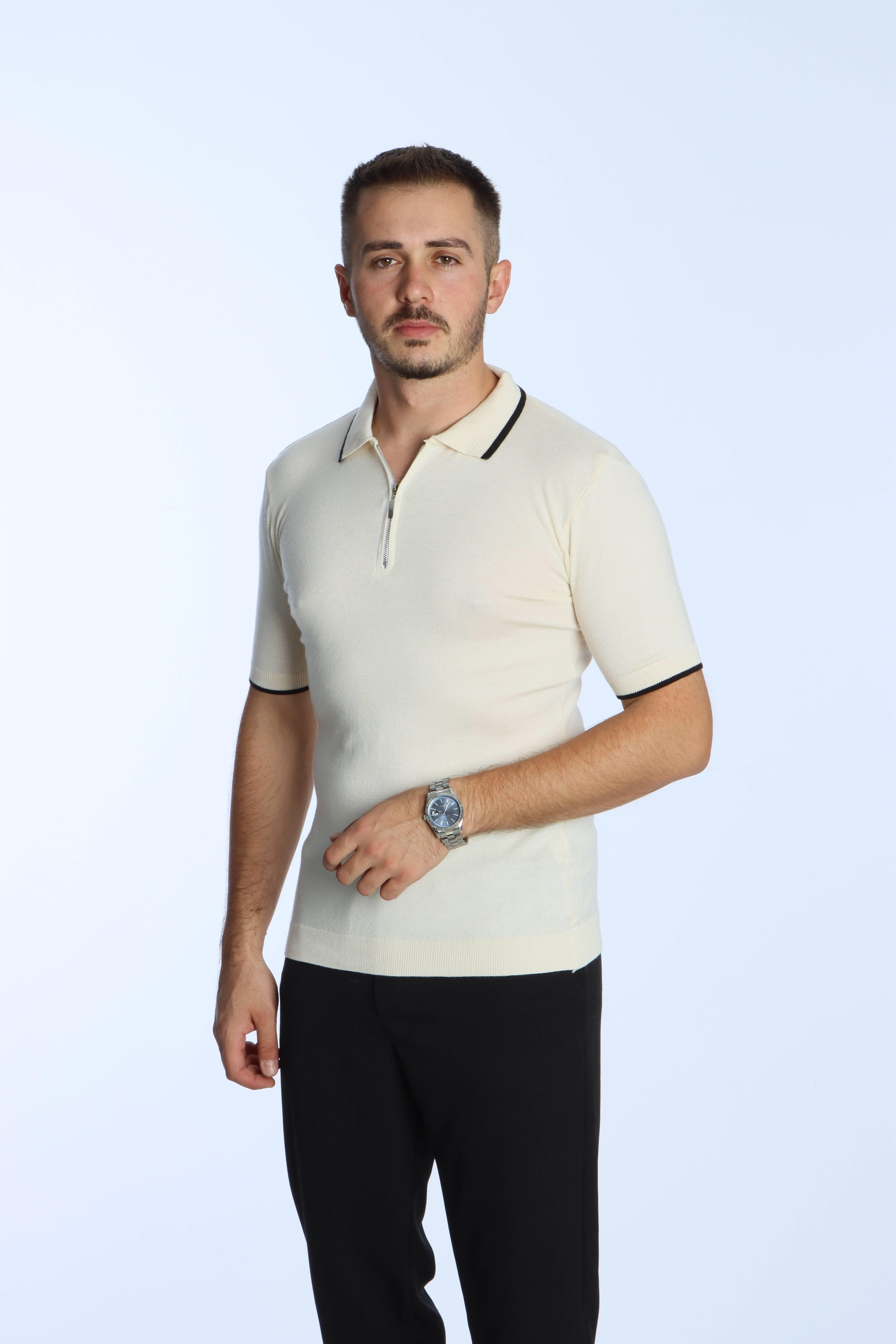 Marco Yakalı Fermuarlı Triko Tshirt Krem