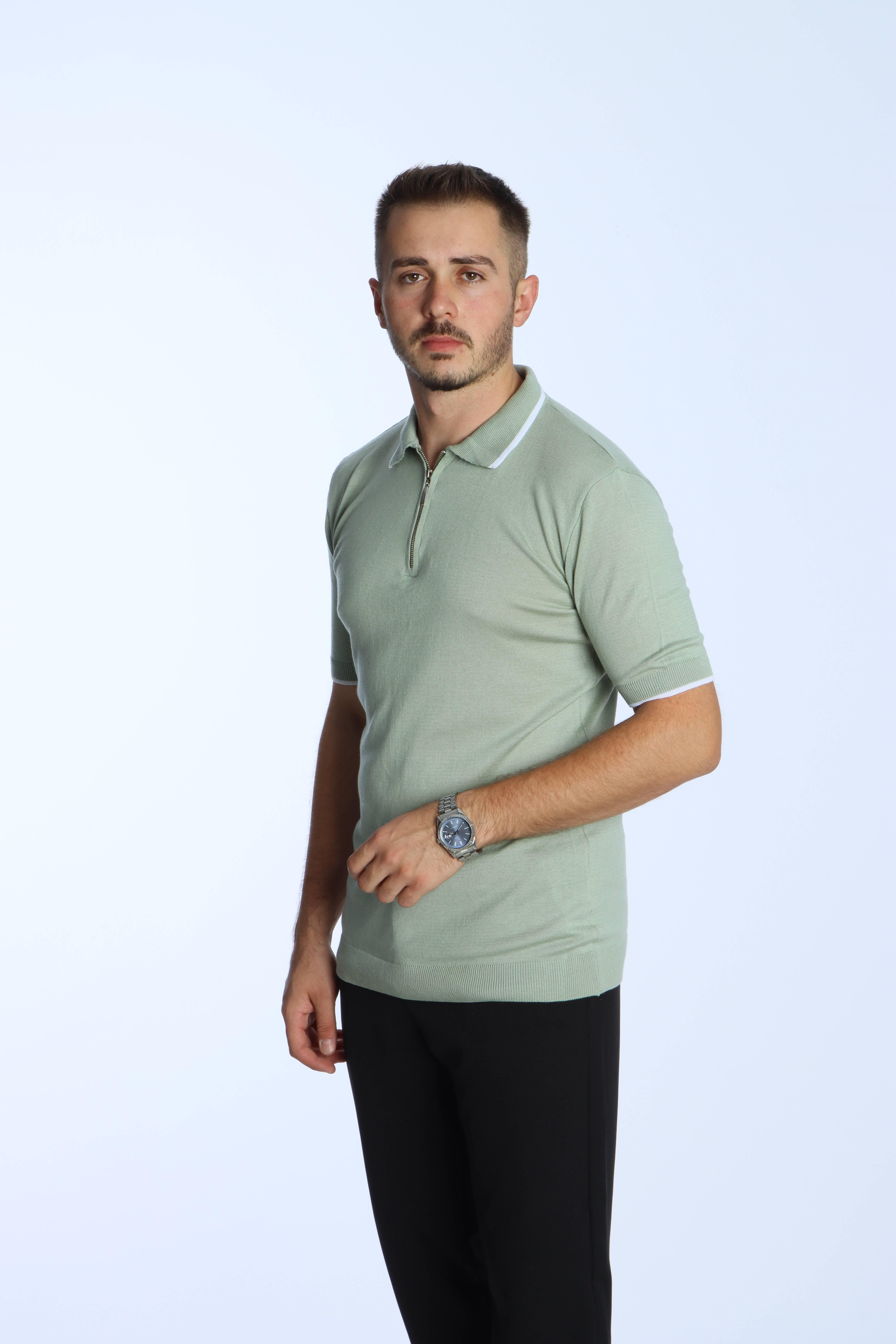 Marco Yakalı Fermuarlı Triko Tshirt Mint Yeşili
