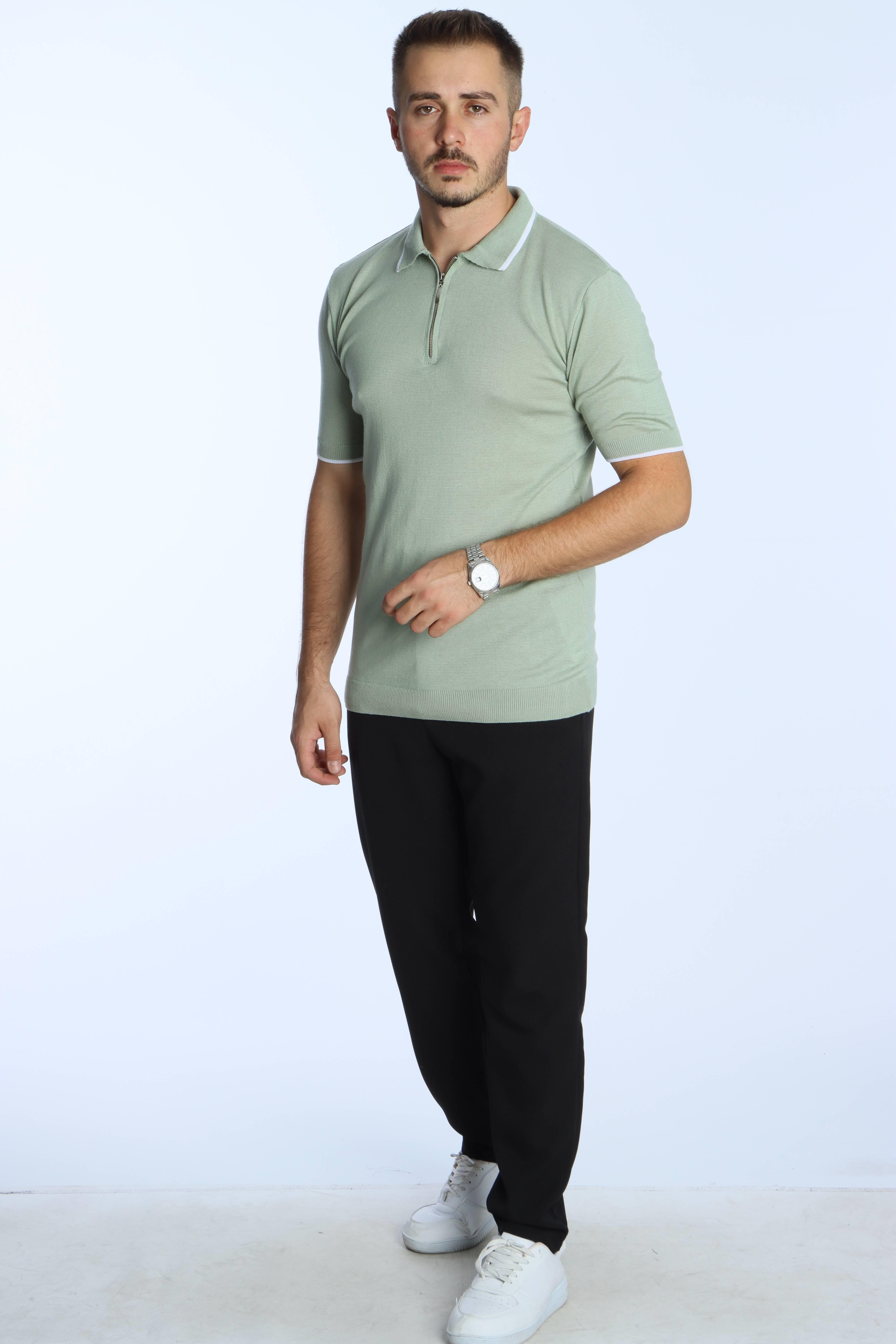 Marco Yakalı Fermuarlı Triko Tshirt Mint Yeşili