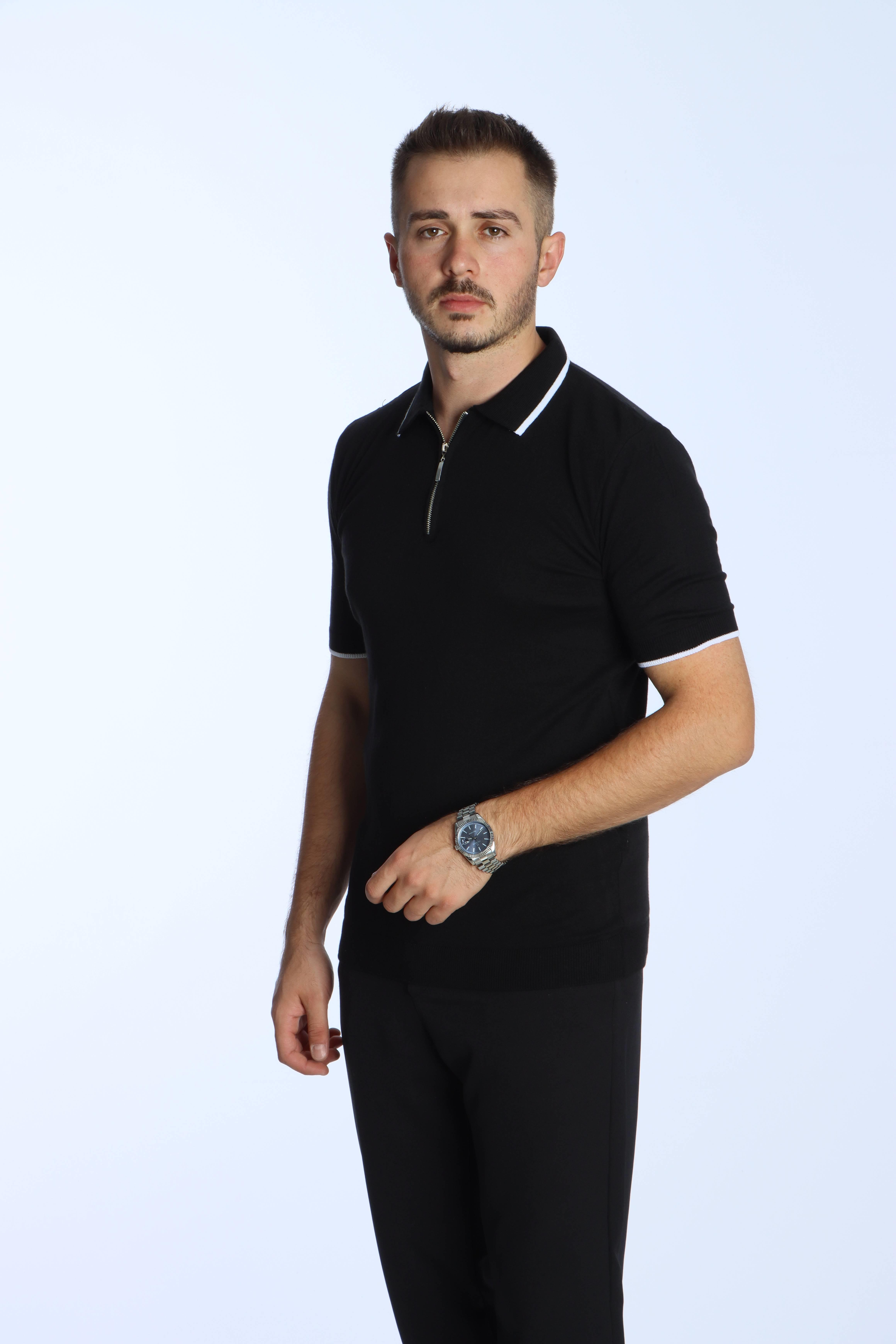 Marco Yakalı Fermuarlı Triko Tshirt Siyah
