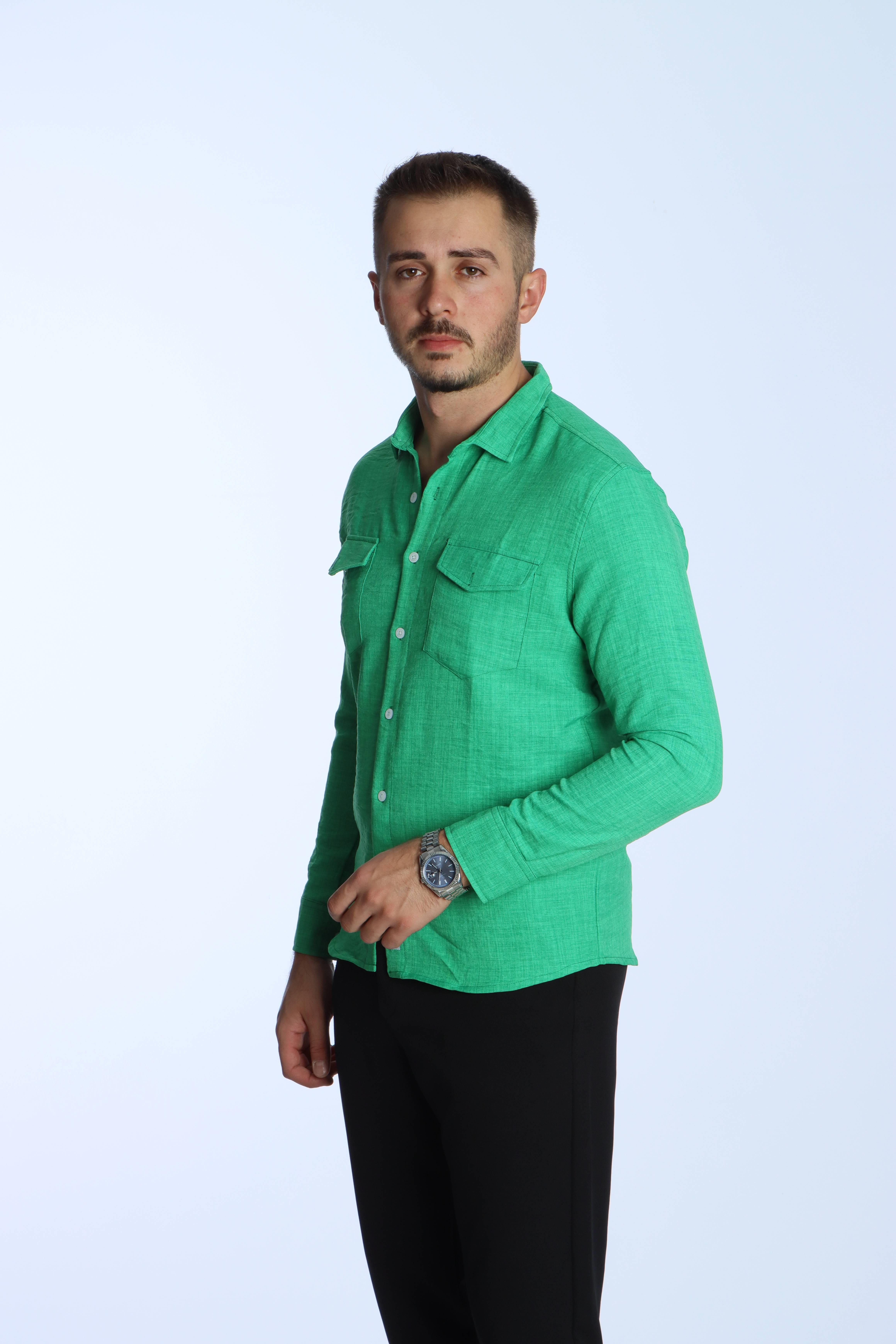 Show Çift Cep Uzun Kol Keten Gömlek Yeşil