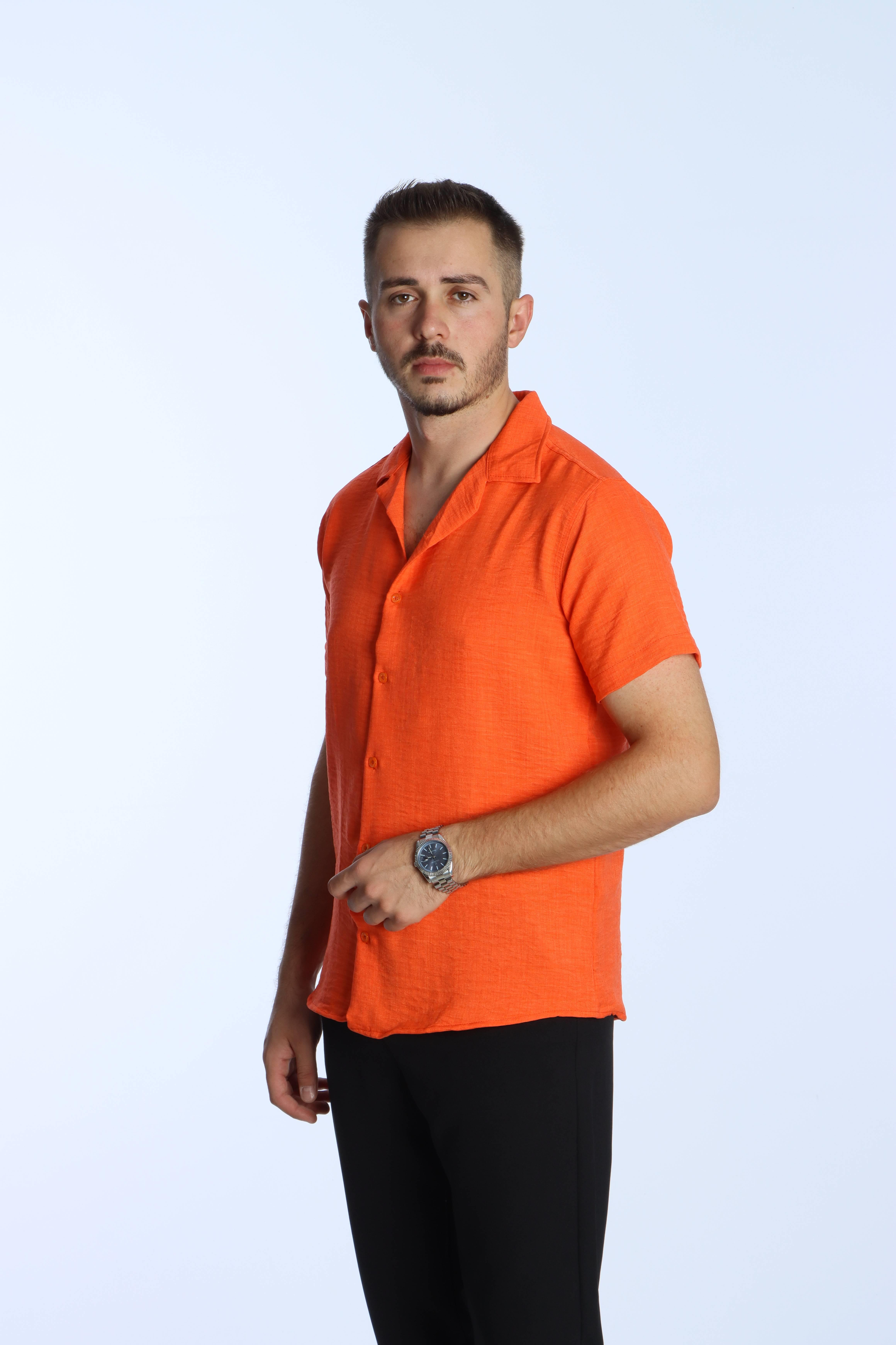 Show Kısa Kol Keten Gömlek Turuncu