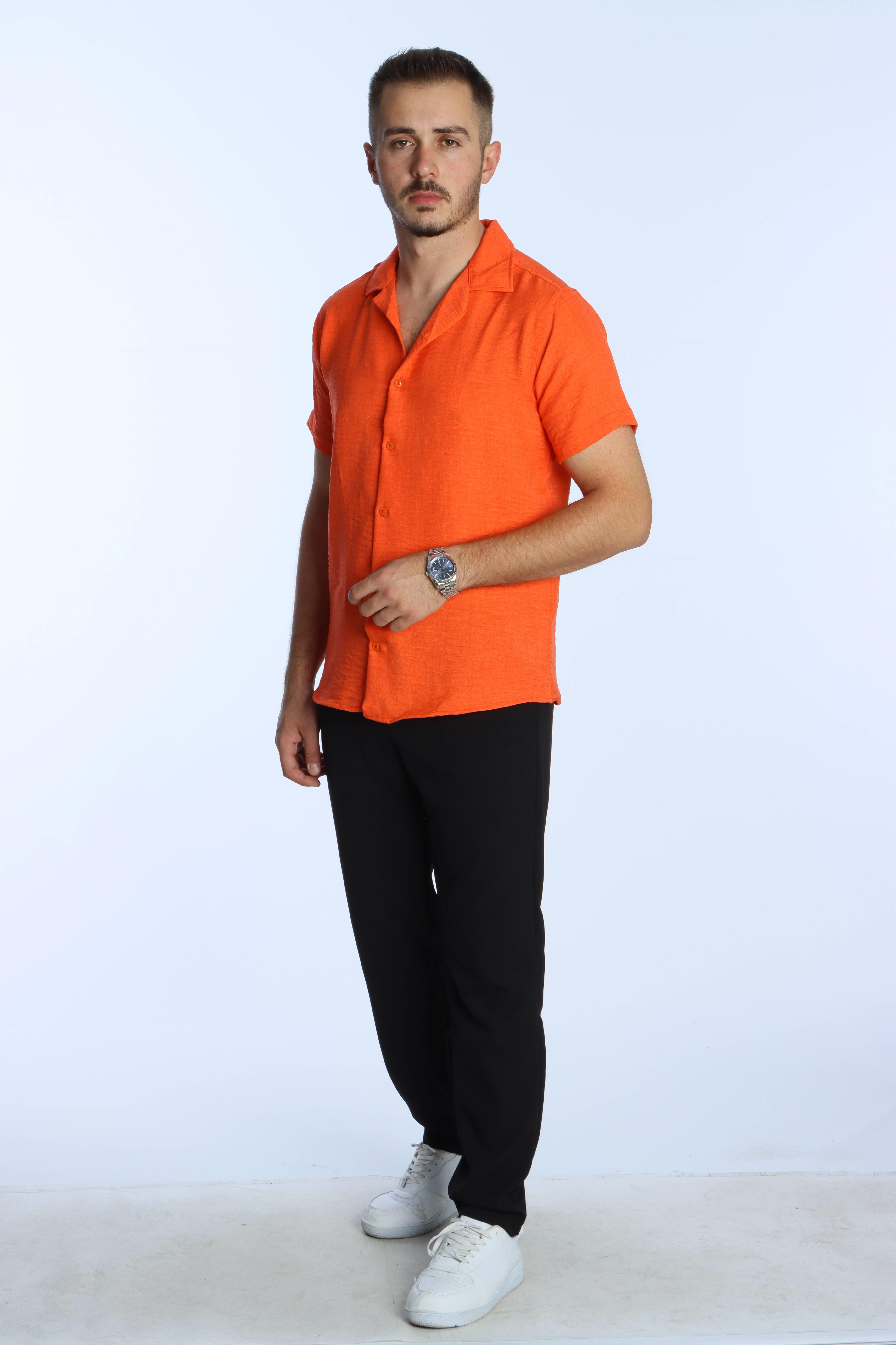 Show Kısa Kol Keten Gömlek Turuncu