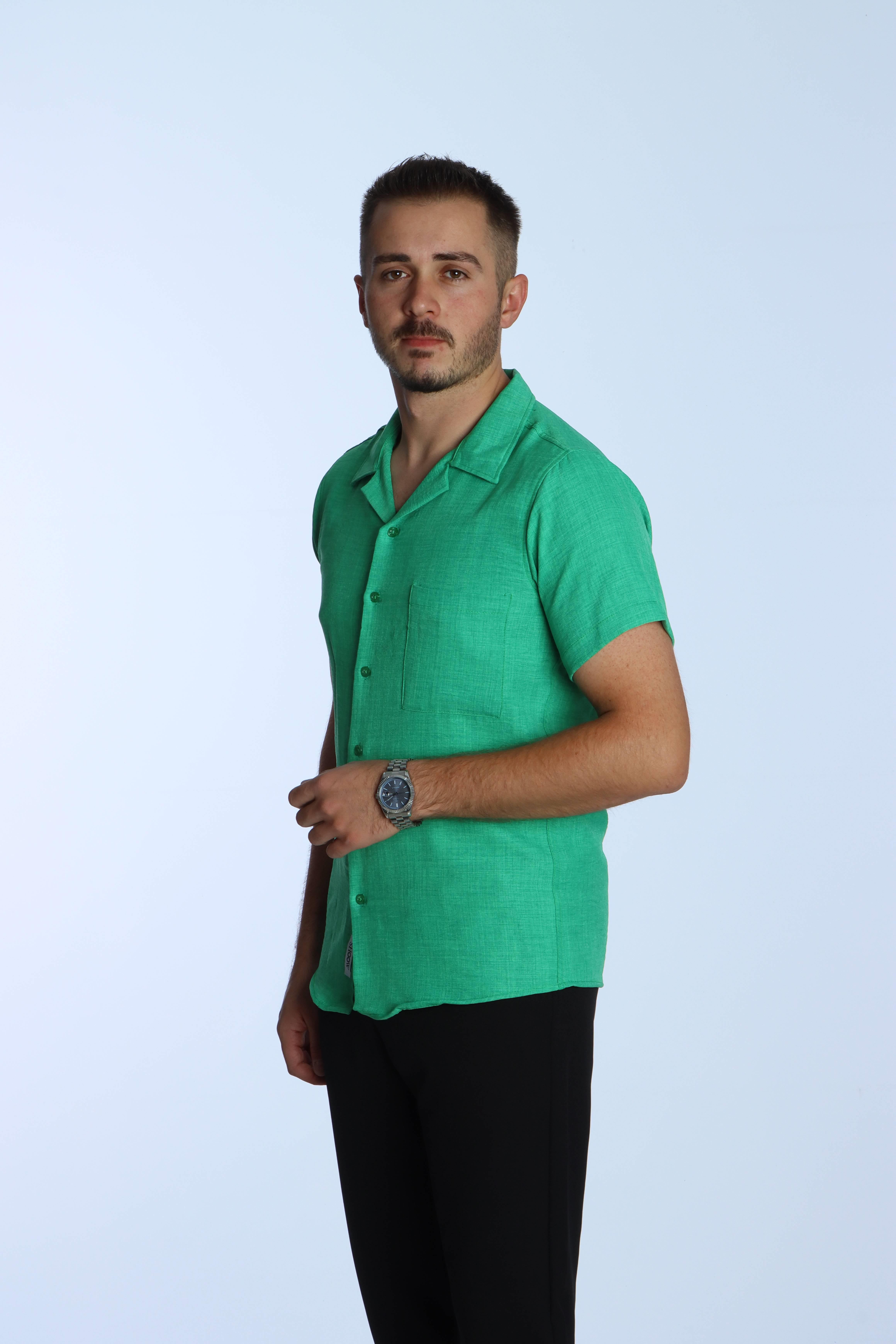 Show Tek Cep Keten Gömlek Yeşil