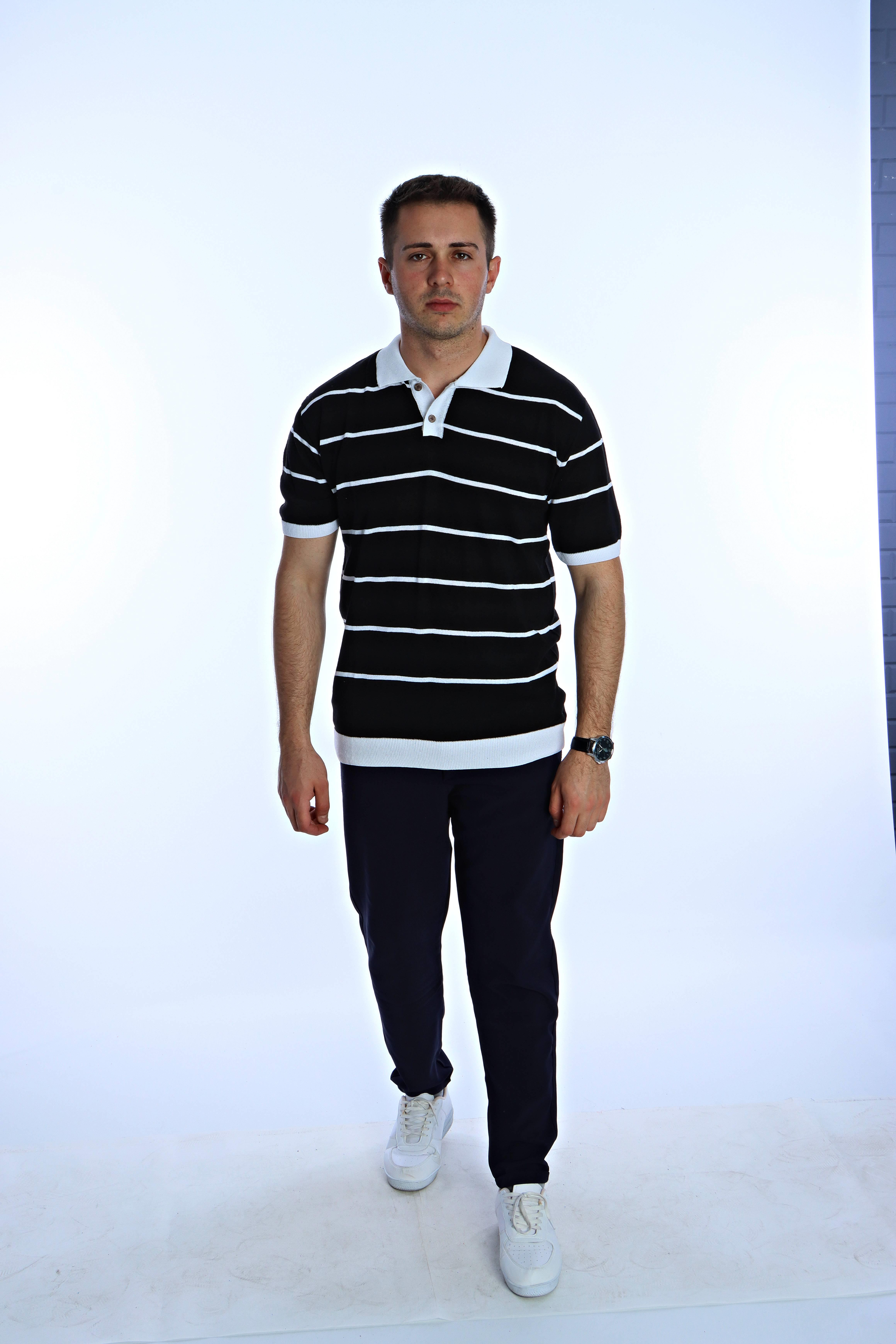 Tk Yatay Çizgili Yakalı Triko Tişört Siyah