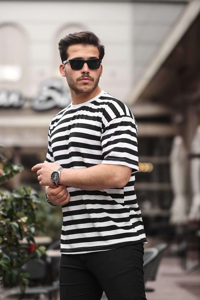 Tmb Çizgili Bisiklet Yaka Tişört Siyah