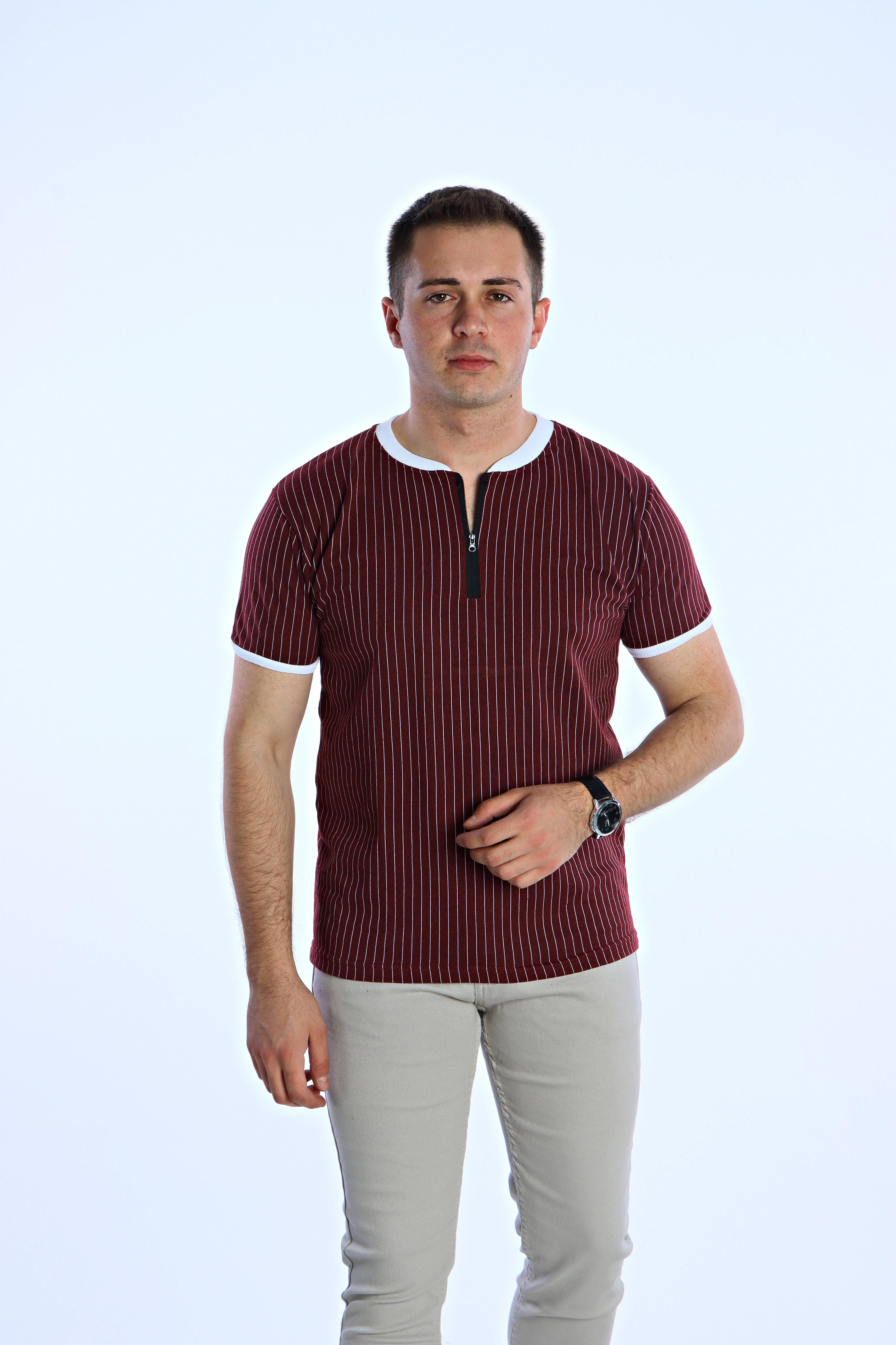 Tmb Eko Çizgili Fermuarlı Tşört Bordo
