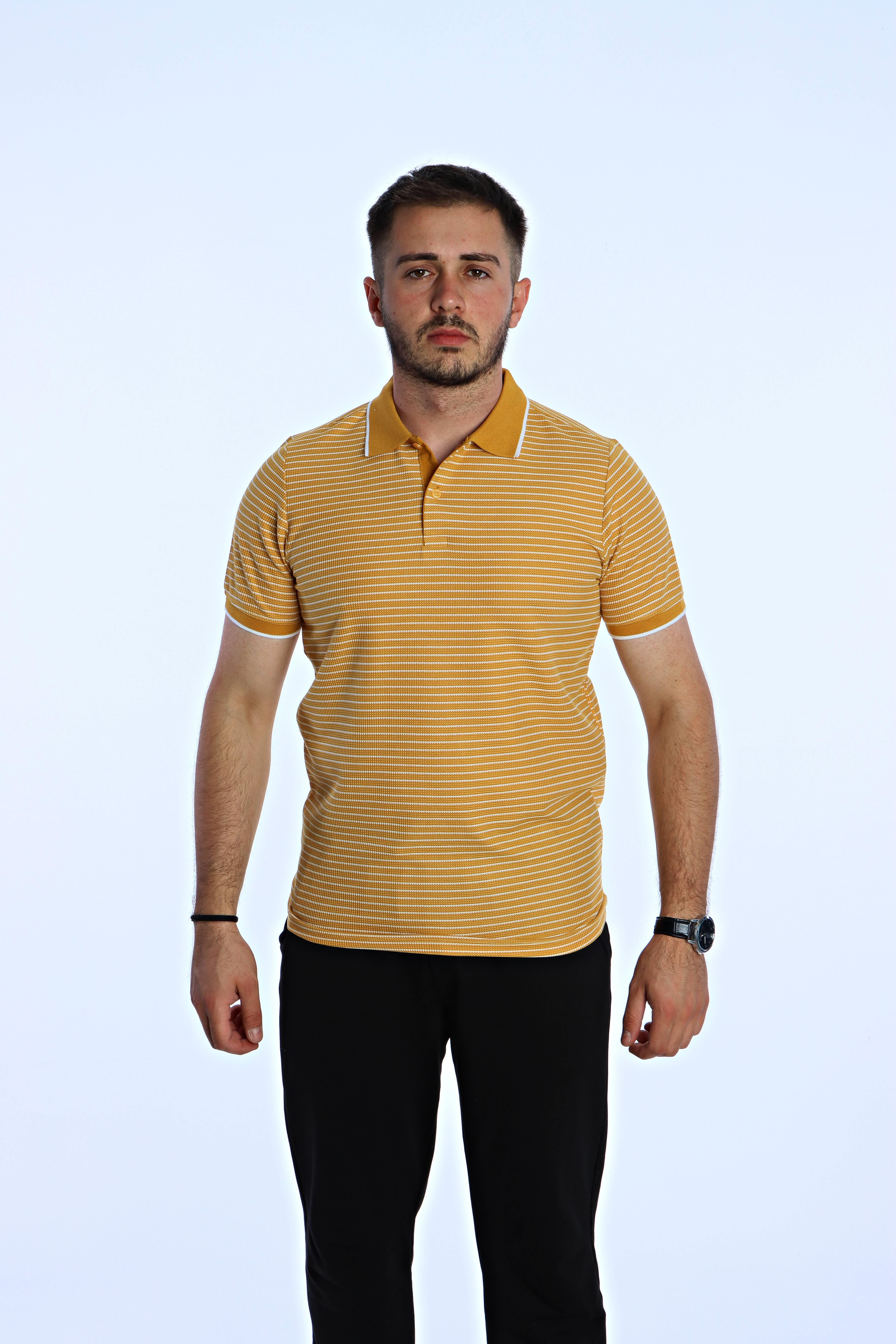 Use Club 1015 Çizgili Polo Yaka Tshirt Hardal Sarı
