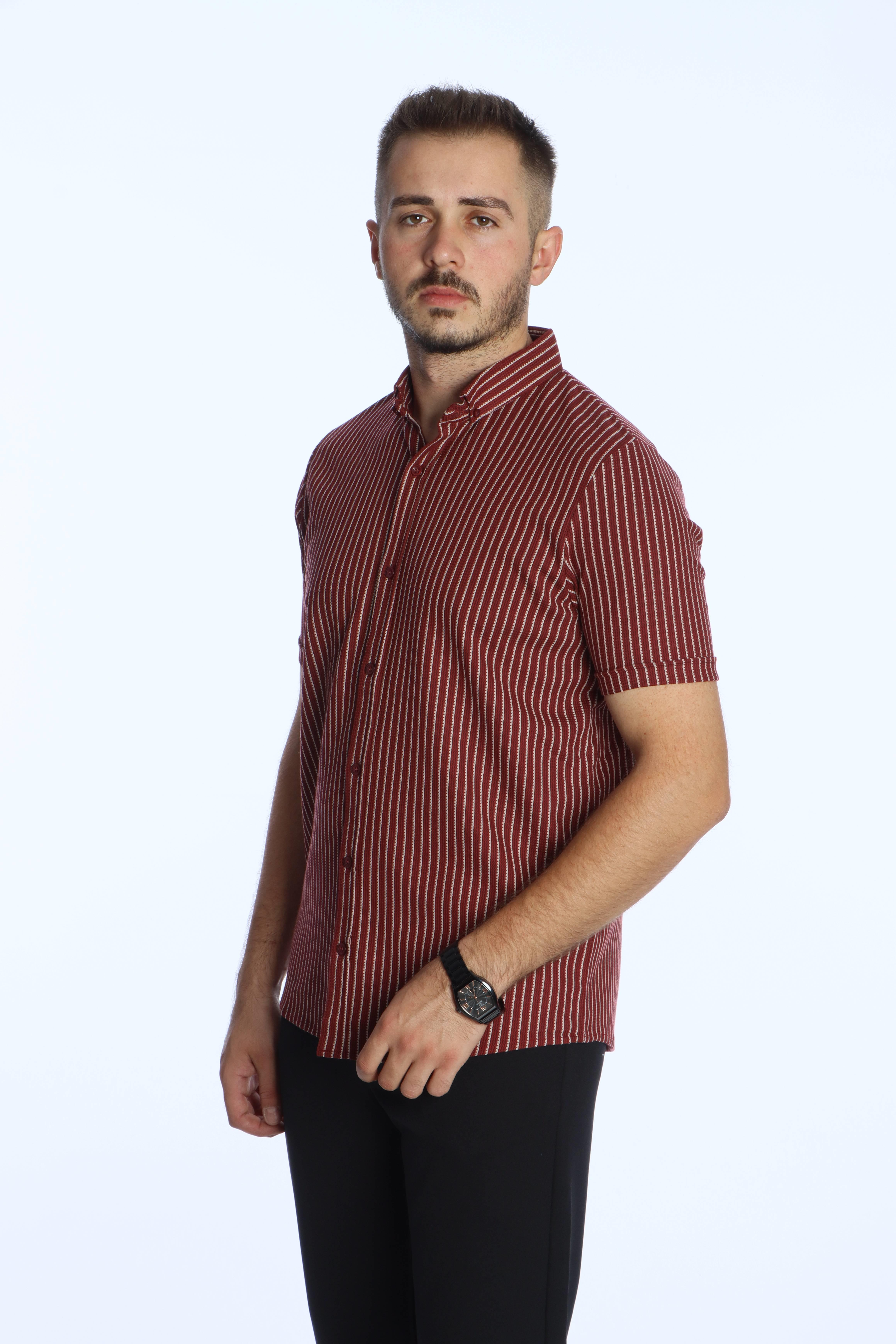 Use Club 1016 K.kol Çizgili Gömlek Bordo
