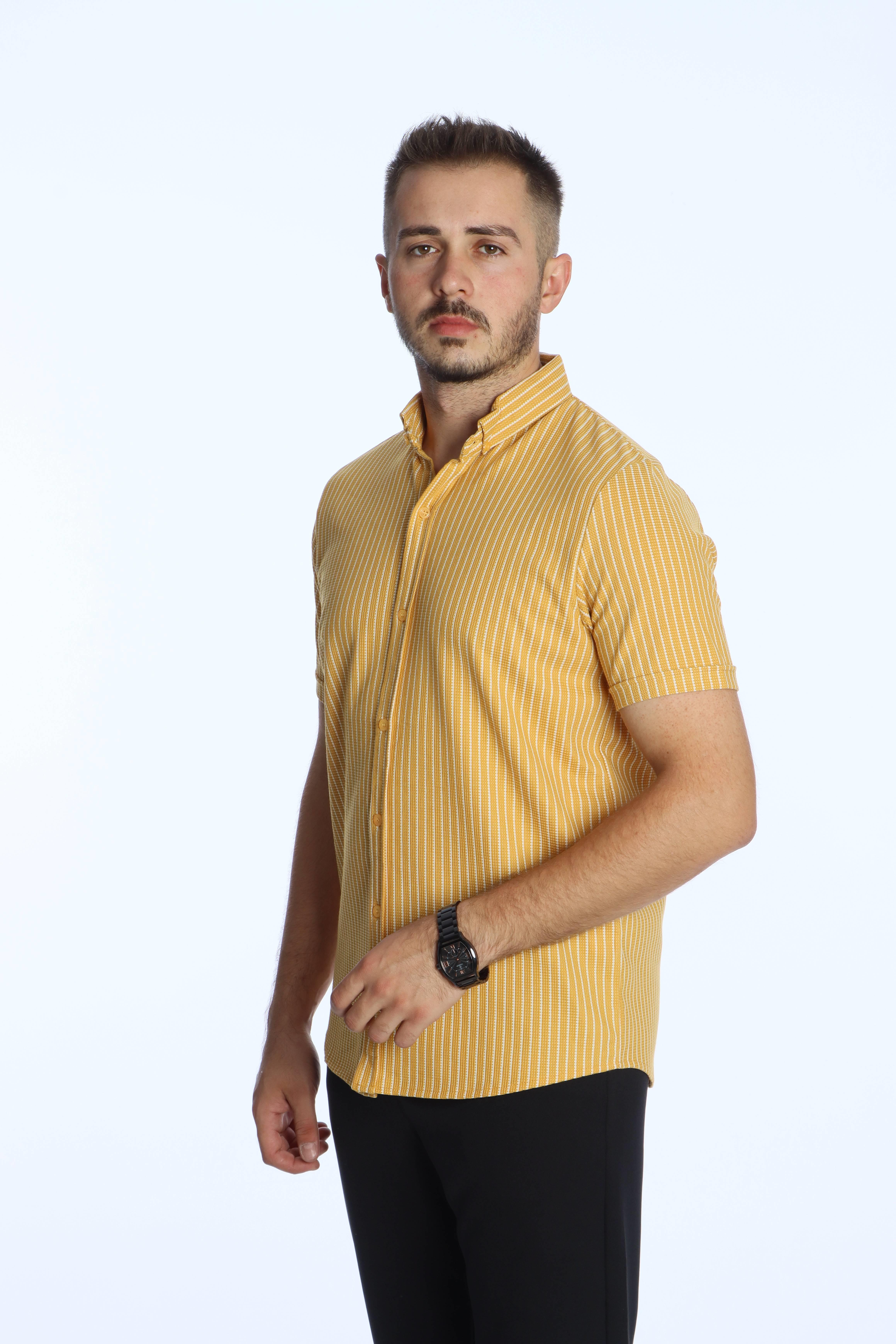 Use Club 1016 K.kol Çizgili Gömlek Hardal Sarı