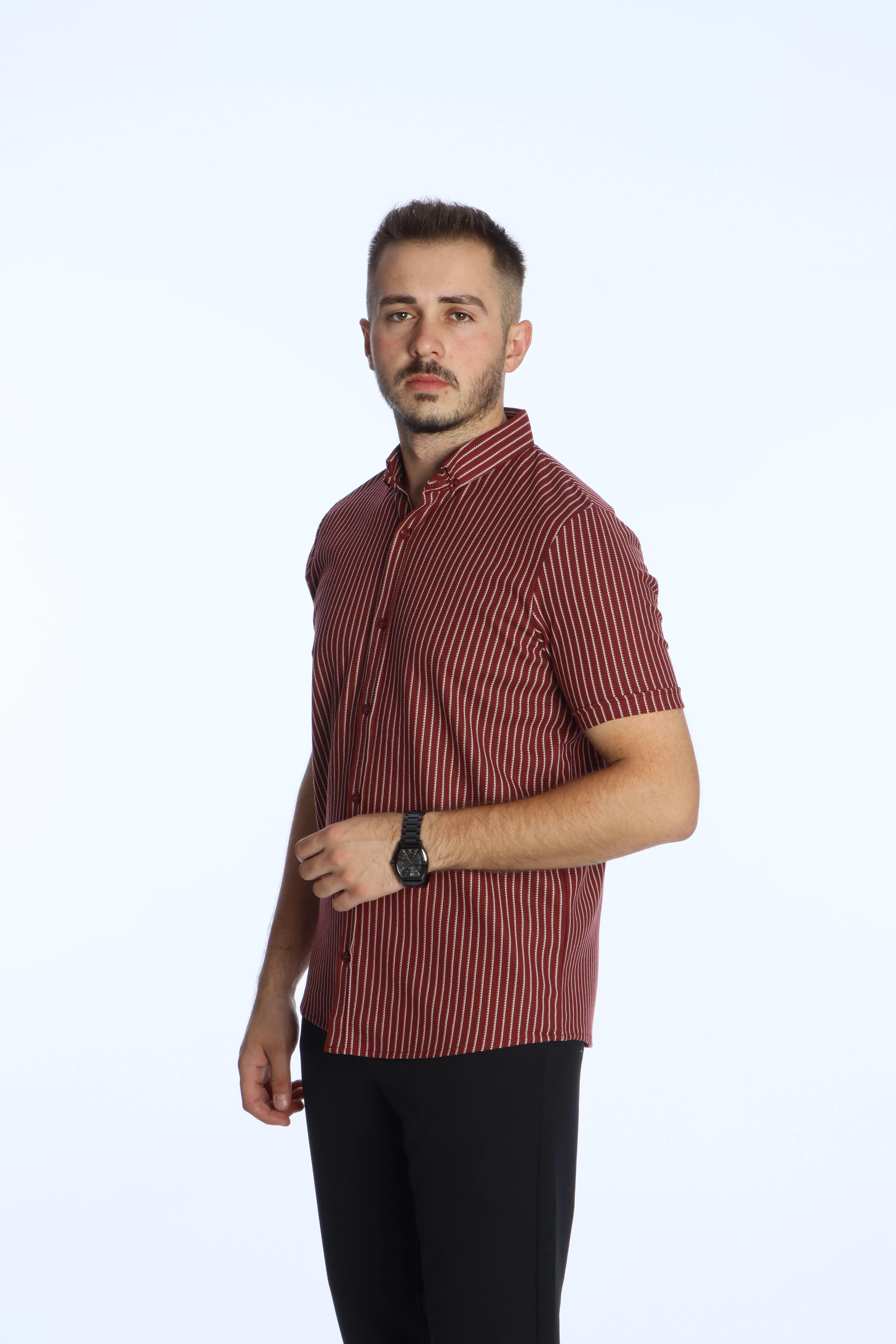 Use Club 1016 K.kol Çizgili Gömlek Bordo
