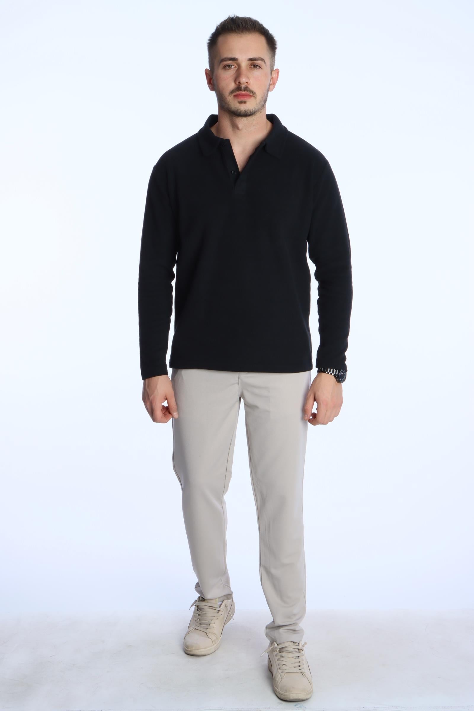 Yakalı Düğmeli Düz Selanik Sweat 026 Siyah