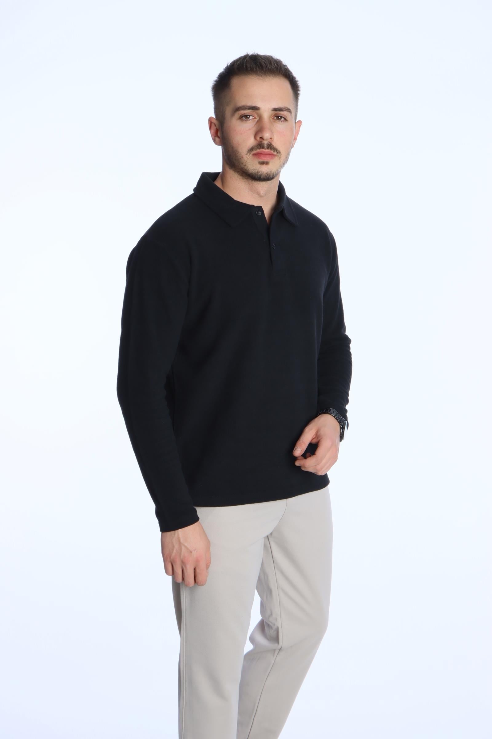 Yakalı Düğmeli Düz Selanik Sweat 026 Siyah