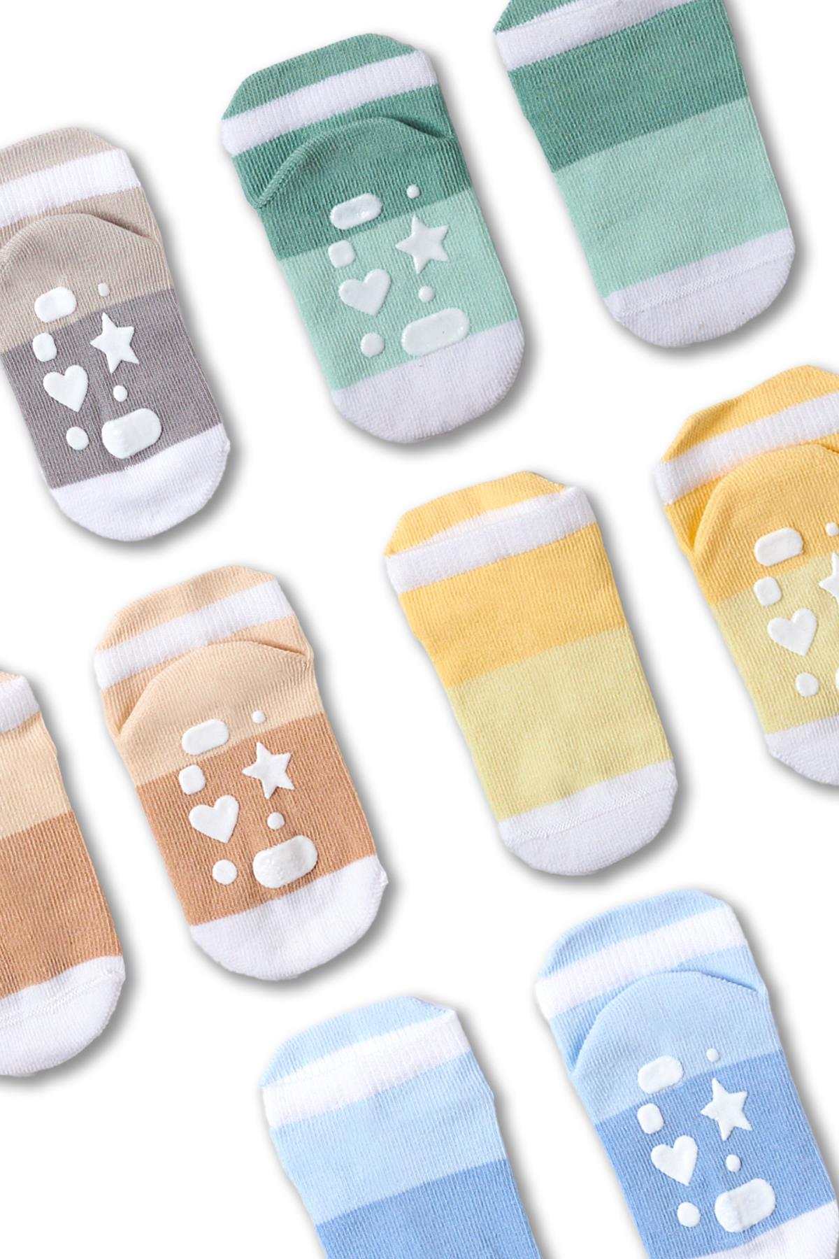 Bebek Şerit Desenli Tabanı Kalp Detaylı 5li Paket Kutulu Patik Çorap