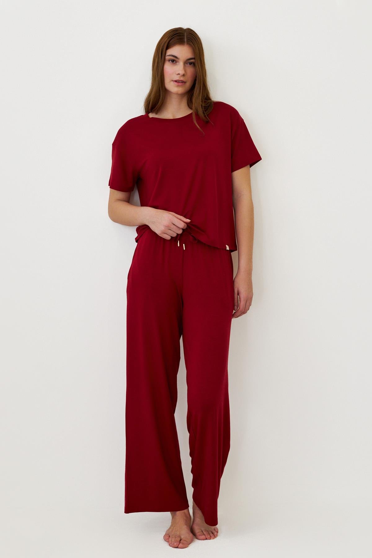 Kadın Luxury Bol Paça Pijama Altı Bordo