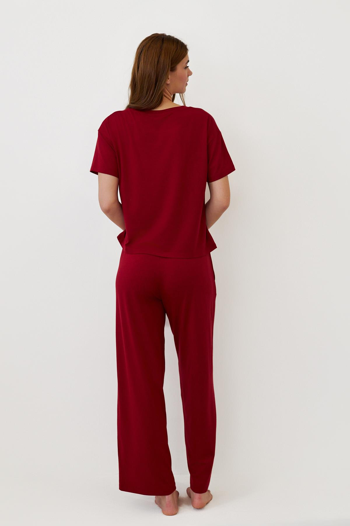 Kadın Luxury Bol Paça Pijama Altı Bordo