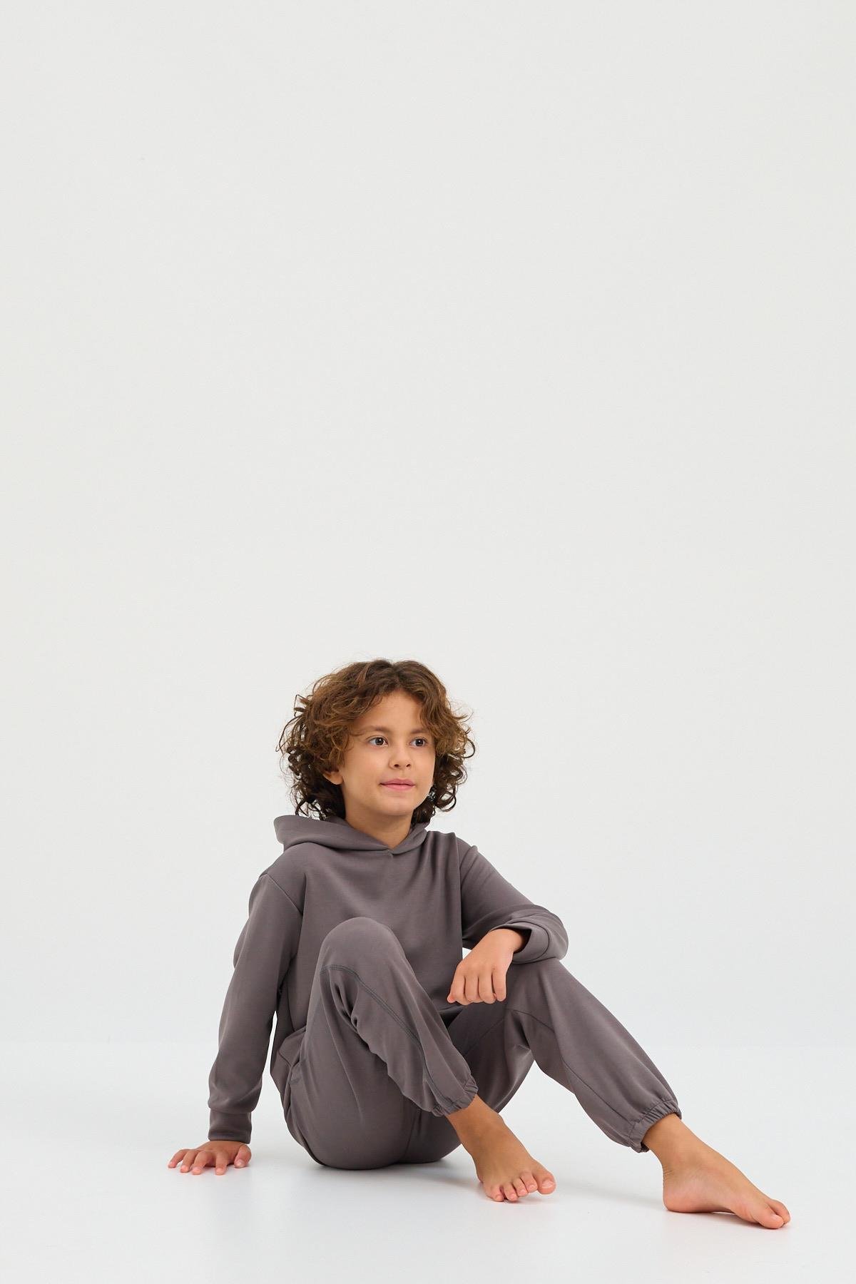 22410K2007 BASIC FLUFFY UNISEX ÇOCUK PAÇA LASTİKLİ PANTOLON KOYU GRI