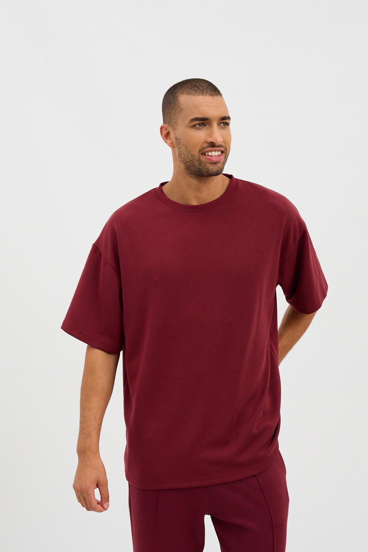 Erkek Basic Fluffy Modal Tshirt Bordo