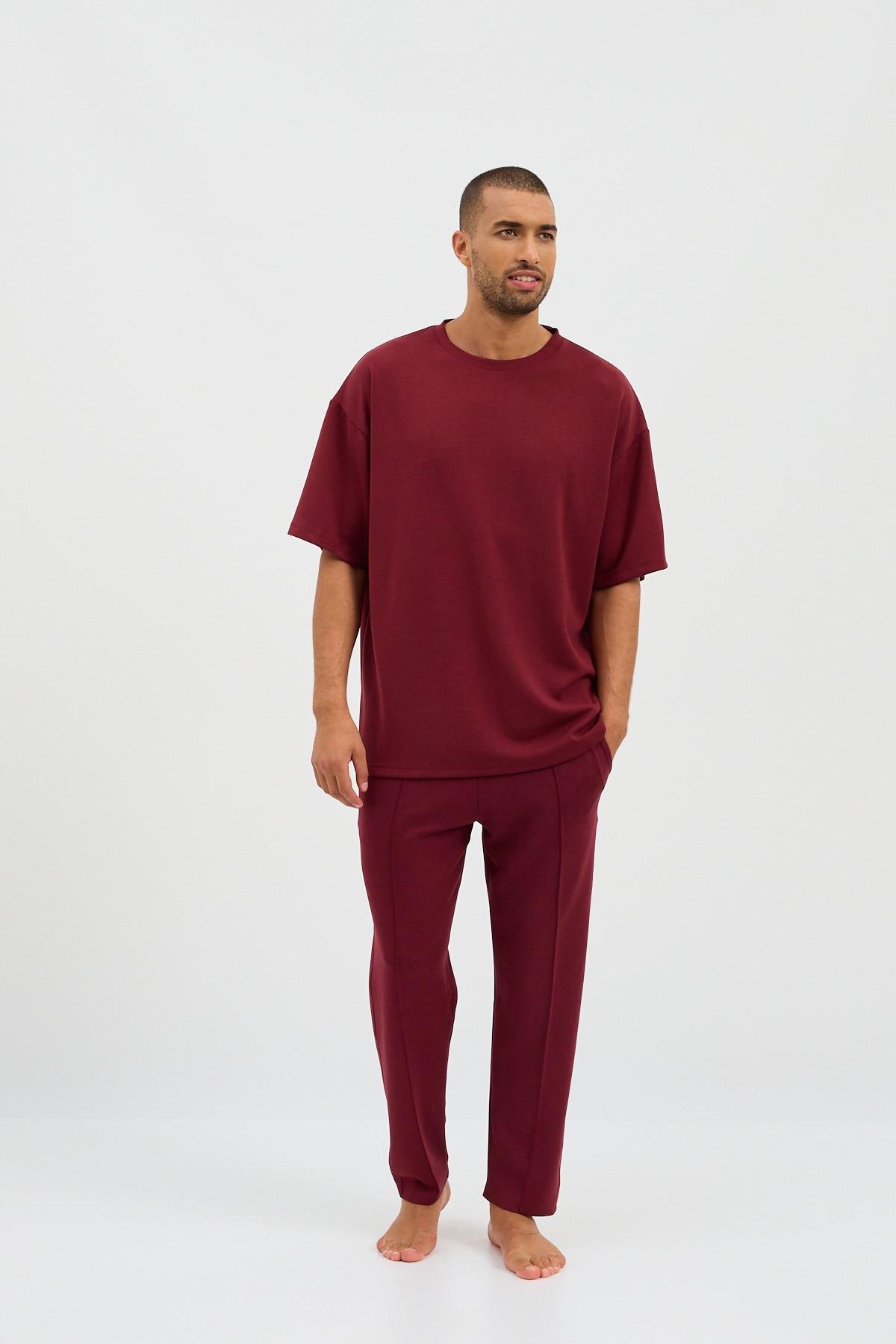 Erkek Basic Fluffy Modal Tshirt Bordo